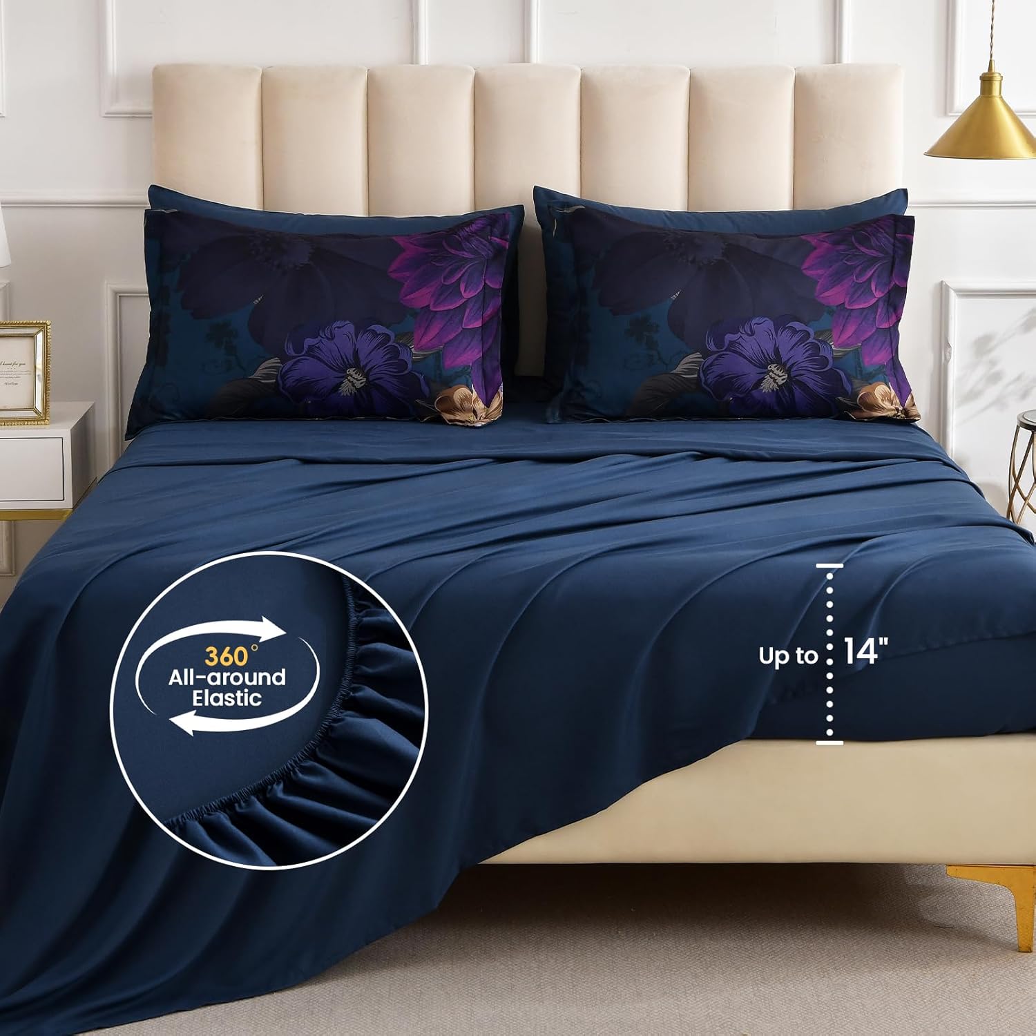 WONGS BEDDING Blue Comforter Set Queen Size Floral, 7 Pieces Bed in a Bag Set, Navy Blue and Pink Flower Bedding Set, Soft Microfiber for All Season with Pillowcases & Shams,Sheets(90"×90")