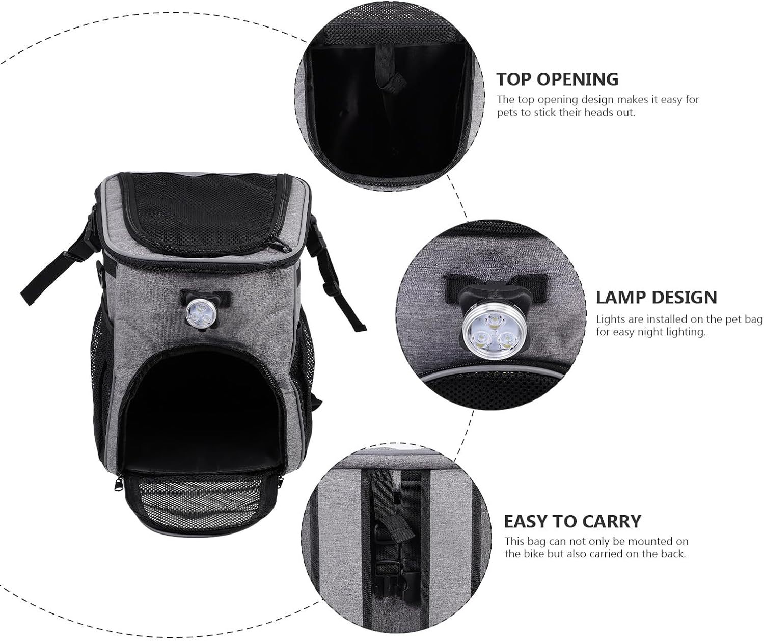 Multi-Functional Dog Bike Carrier Backpack with Detachable Storage, Breathable Pet Holder for Outdoor Cycling, Grey Folding Pet Bicycle Bag for Small Dogs