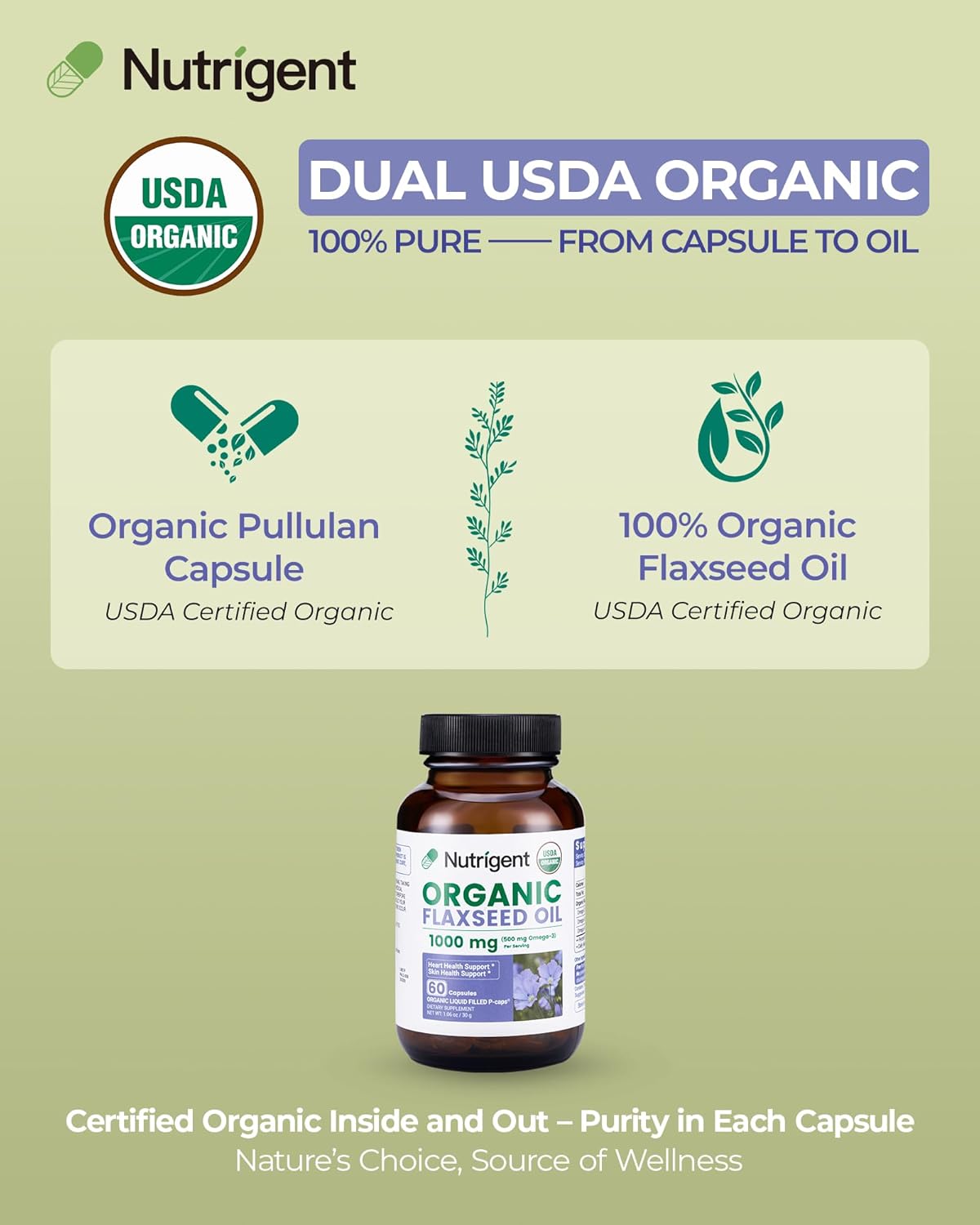 USDA Certified Organic Flaxseed Oil 1000 mg, Cold Pressed 100% Pure with Plant-Based Omega 3 ALA Essential Fatty Acids for Heart & Skin Health, 60 Capsules - Image 3