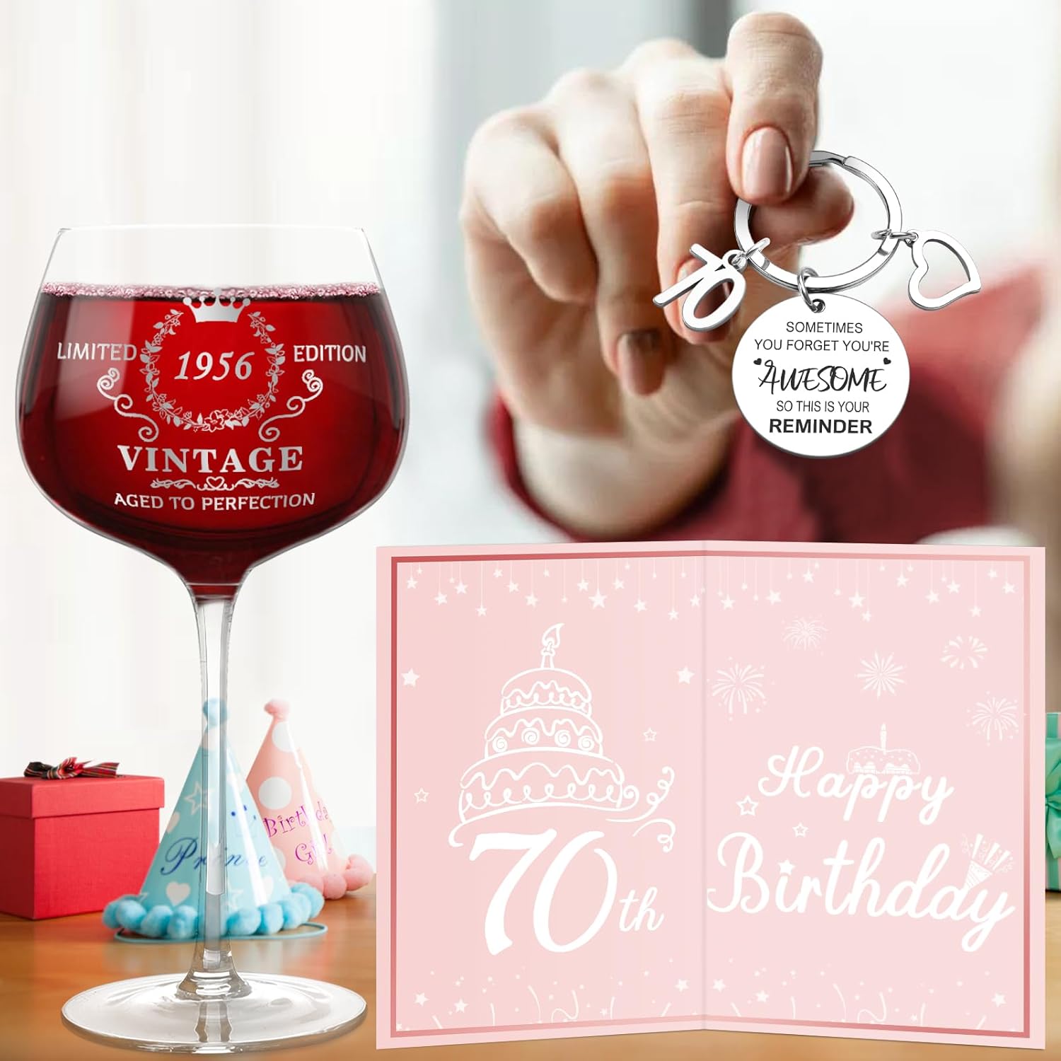 YeohJoy 70th Birthday Gifts for Women,Vintage 1956 Platinum Print Wine Glass, 70th Birthday Decorations for Women, Happy 70 Year Old Gift Ideas for Her, Wife, Friends - 16Oz Wine Glass - Image 3