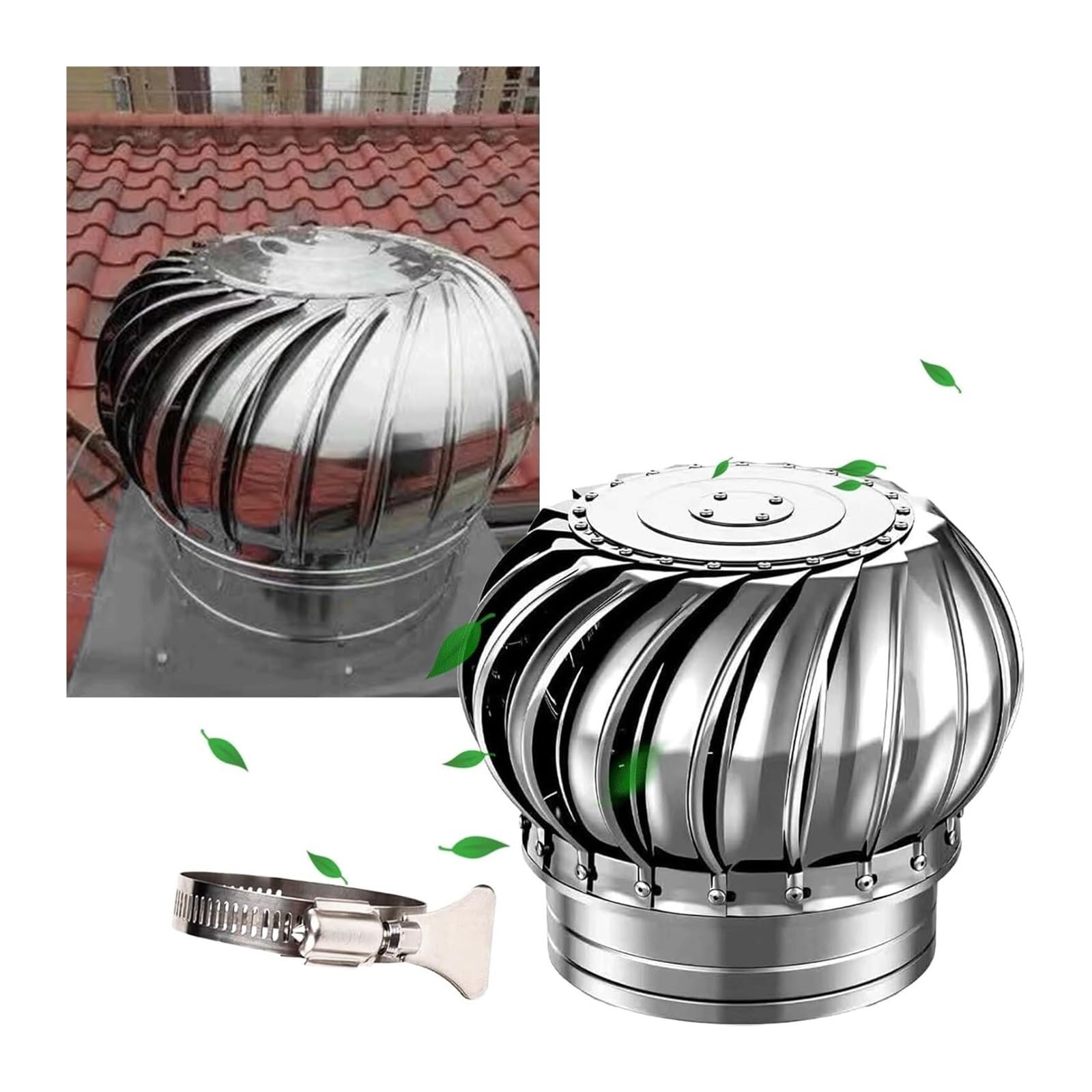 PBWERIGL Stainless Steel Roof Ventilator, Rotating Roof Ventilator Chimney Cowl Attic Vent with Clamps(6.3in/160(mm))