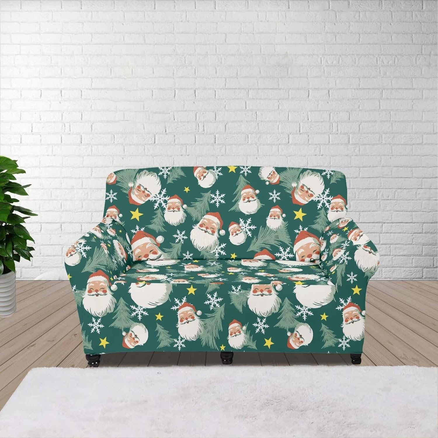 Christmas Loveseat Couch Cover Soft Xmas Couches Slipcovers Green Santa Elastic Furniture Protector Stretch Furniture Protector
