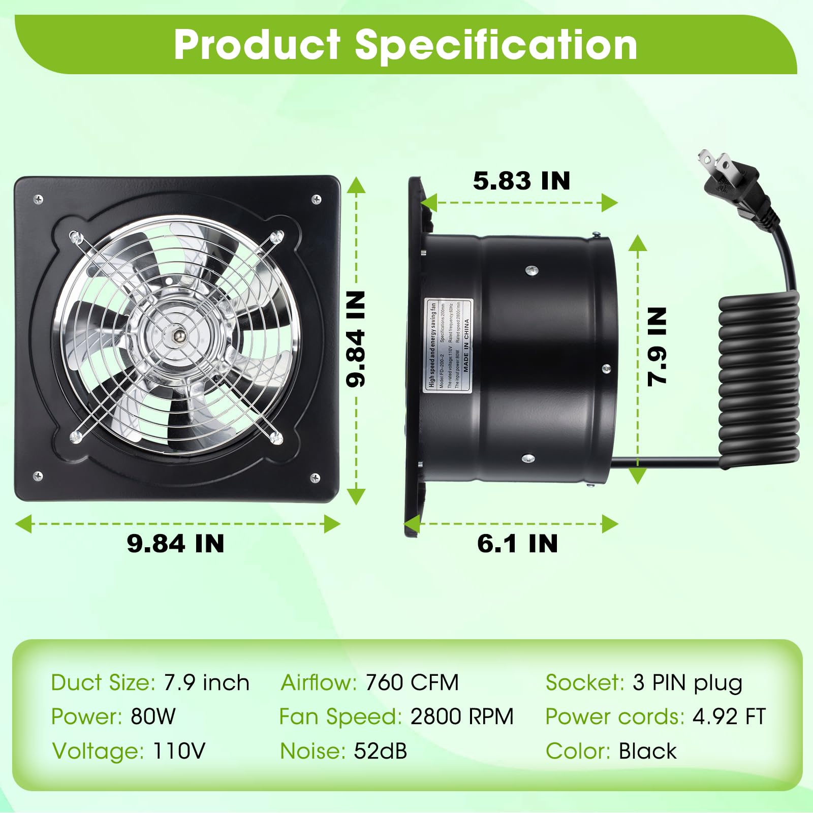 Saillong 2 Pack 8 Inch Kitchen Exhaust Fan, 760CFM Bathroom Wall Exhaust Fan, Extractor Ventilation Fan with Damper, 110V Low Noise Ceiling Mount Exhaust Fan for Garage, Attic, Window Ventilation