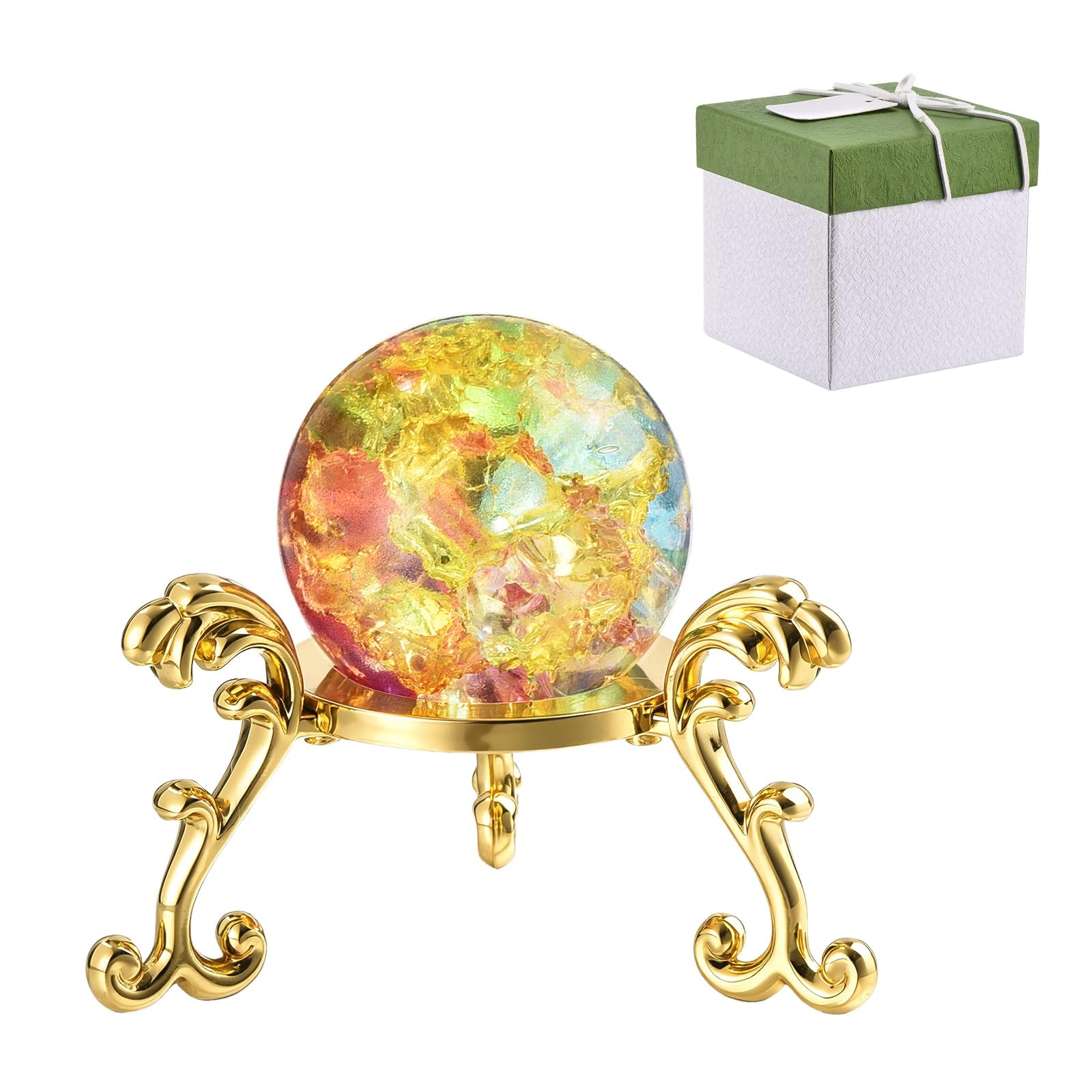 sourcing map 30 mm Round Crystal Sphere with Stand, Crystal Sphere Ice Cracked Decorative Ball Paperweight Gift Box Packaging for Home Decor Ornament Gift Craft Feng Shui Decor, Vibrant Yellow