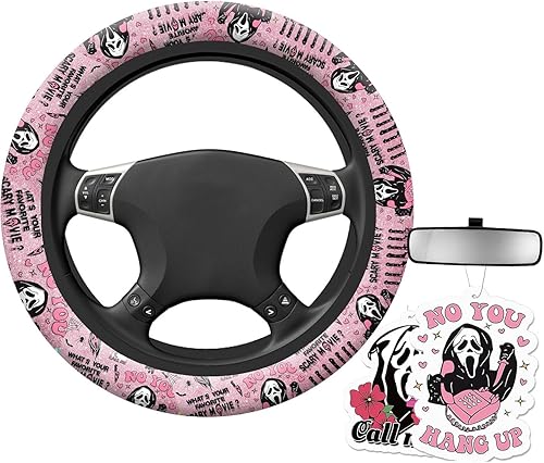 Funda para volante de Halloween Ghost No You Hang Up Accesorios de automóvil para hombres y mujeres con 2 ambientadores de automóvil, fundas