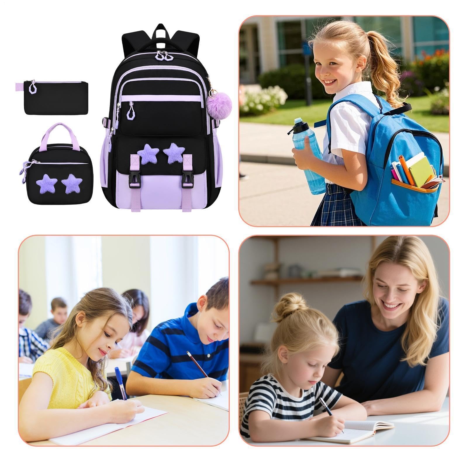 Plecak dla dziewczynek z lunchboxem Zestaw 3-częściowy z uroczym zamkiem w | Szkolny plecak casualowy dla uczniów podróże dojazdy podręczniki portfel artykuły papiernicze
