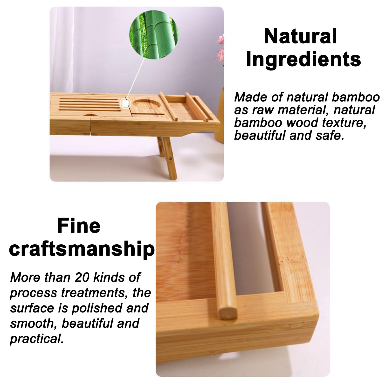 Bandeja de bambú para bañera, bandeja de mesa de baño de bambú con patas de mesa, soporte para libros y copas de vino, bandeja retráctil para bañera de lujo, spa o lectura
