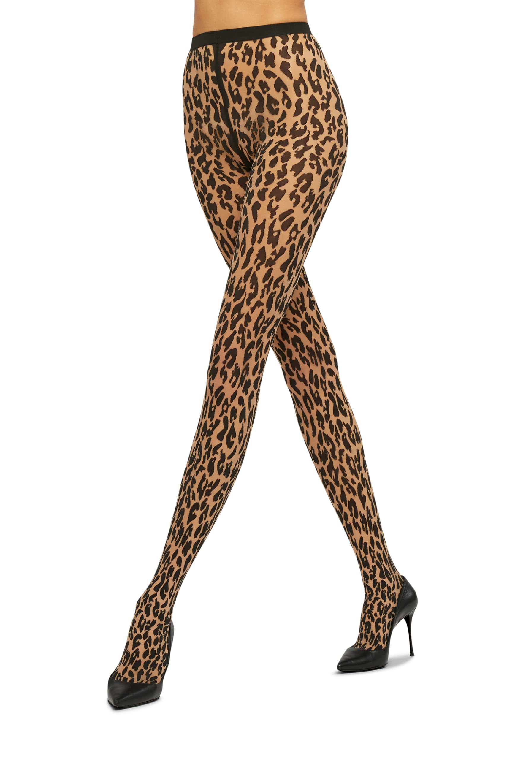 Wolford Leo Tights 20 Denier Pantyhose for Women Leopard Print Sheer Opaque Animal Pattern Hosiery with Knitted Waistband, Fairly Light/Black, XS