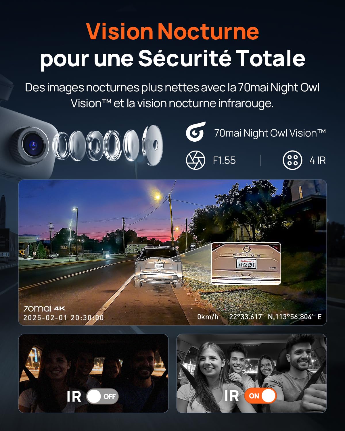 70mai Dashcam Voiture 4K T800E à 3 Canaux, Caméra Triple Avant et Arrière 4K+1080P+1080P avec HDR, Vision Nocturne IR, Mode Parking, F1.55, GPS, Supercondensateur, Contrôle Vocal, Carte MicroSD 64 Go
