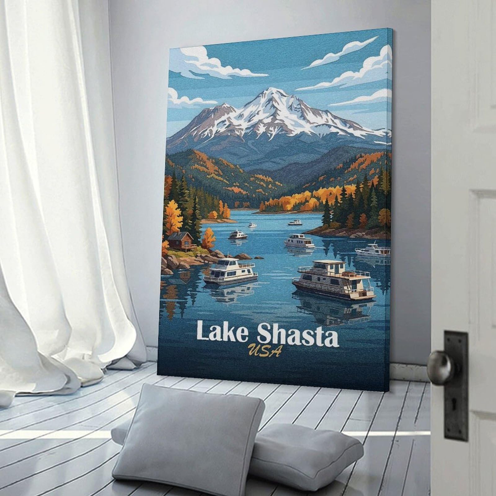 Junmoney Frame-Style-21-2 Decorative Canvas Print Lake Shasta Scenic Landscape With Boats, 08X12inch(20X30cm), For Home Office, Desk Area Or Studio, Home Office Artwork With Decorative Appeal