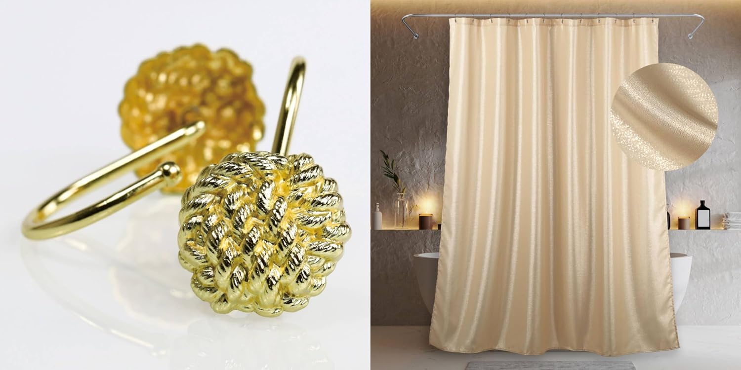 Champagne Shower Curtain & Gold Knot Shower Curtain Hooks - 72x96 Waterproof Washable Sparkle Glitter Fabric Shower Curtain - 12 PCS Rust Proof Metal Shower Curtain Rings (2 Item Bundle)
