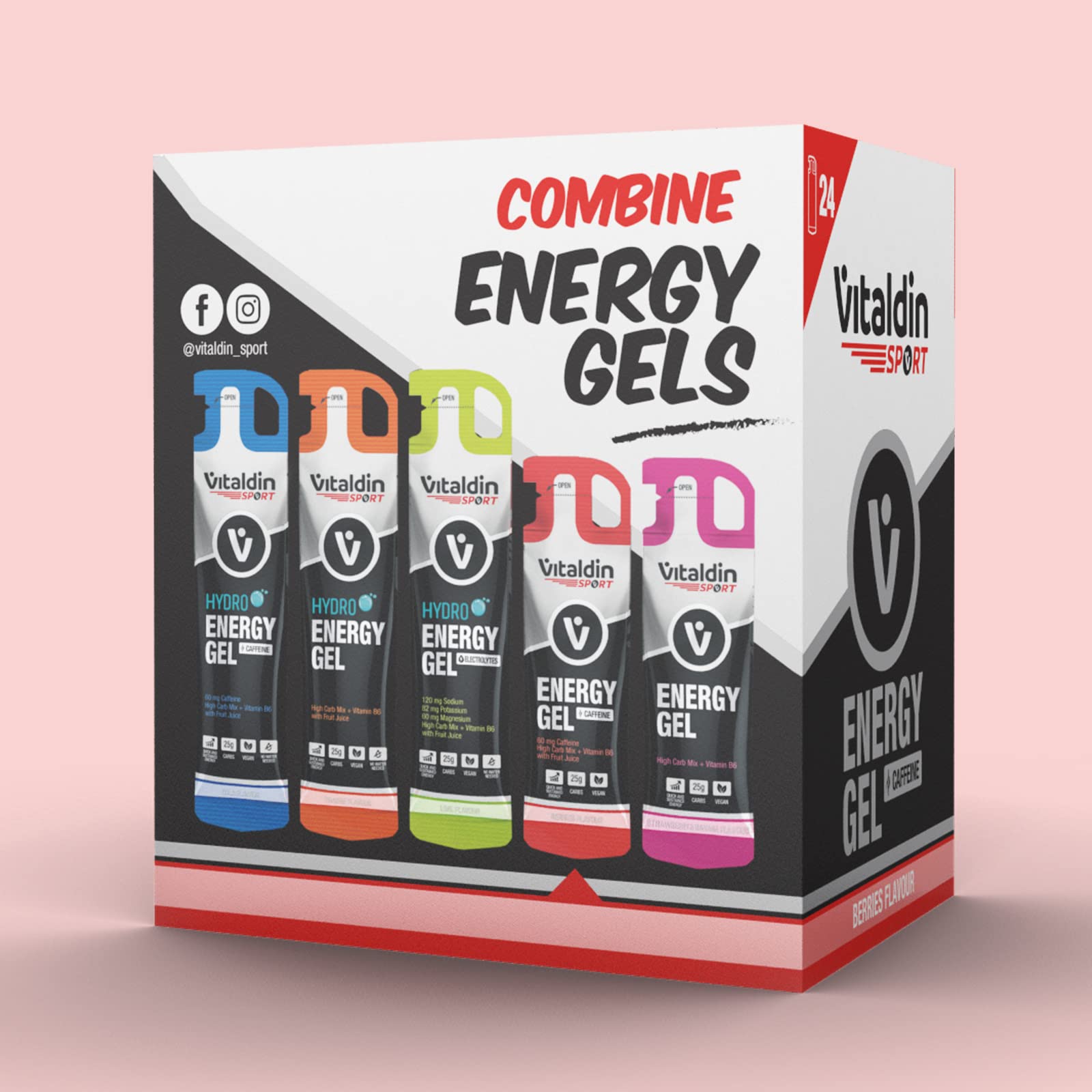 VITALDIN SPORT Energy Gel Caffeine – 24 Geles x 40 gr – Gel Energético sabor Frutos Rojos con 60 mg de Cafeína & Vitamina B6 – Energía rápida y sostenida en Running, Ciclismo & Deportes de Resistencia