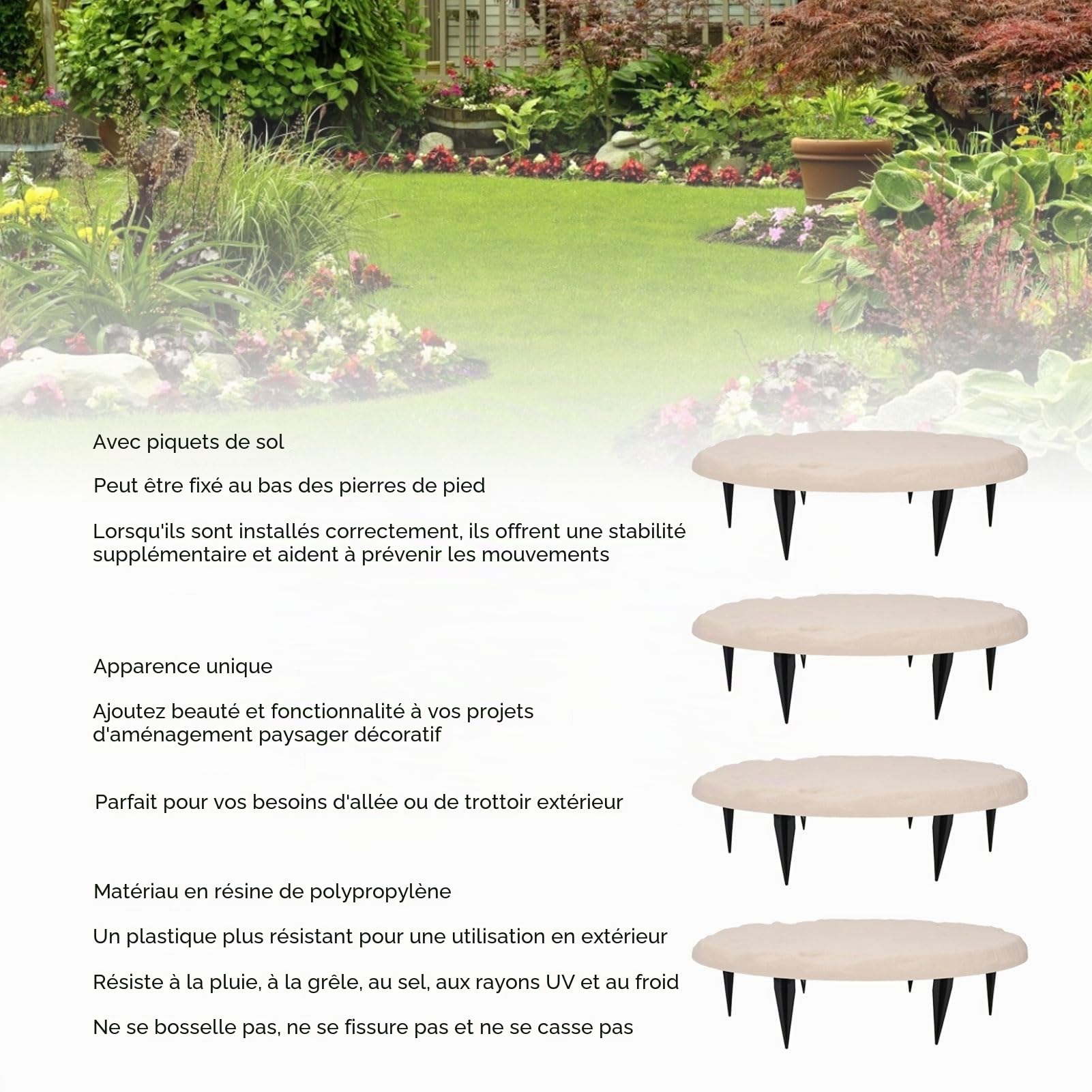 Lot de 4 Pas Japonais Ronds avec Piquets, Pour Allée de Jardin et Chemin sur Pelouse, Diamètre 40 cm (beige)
