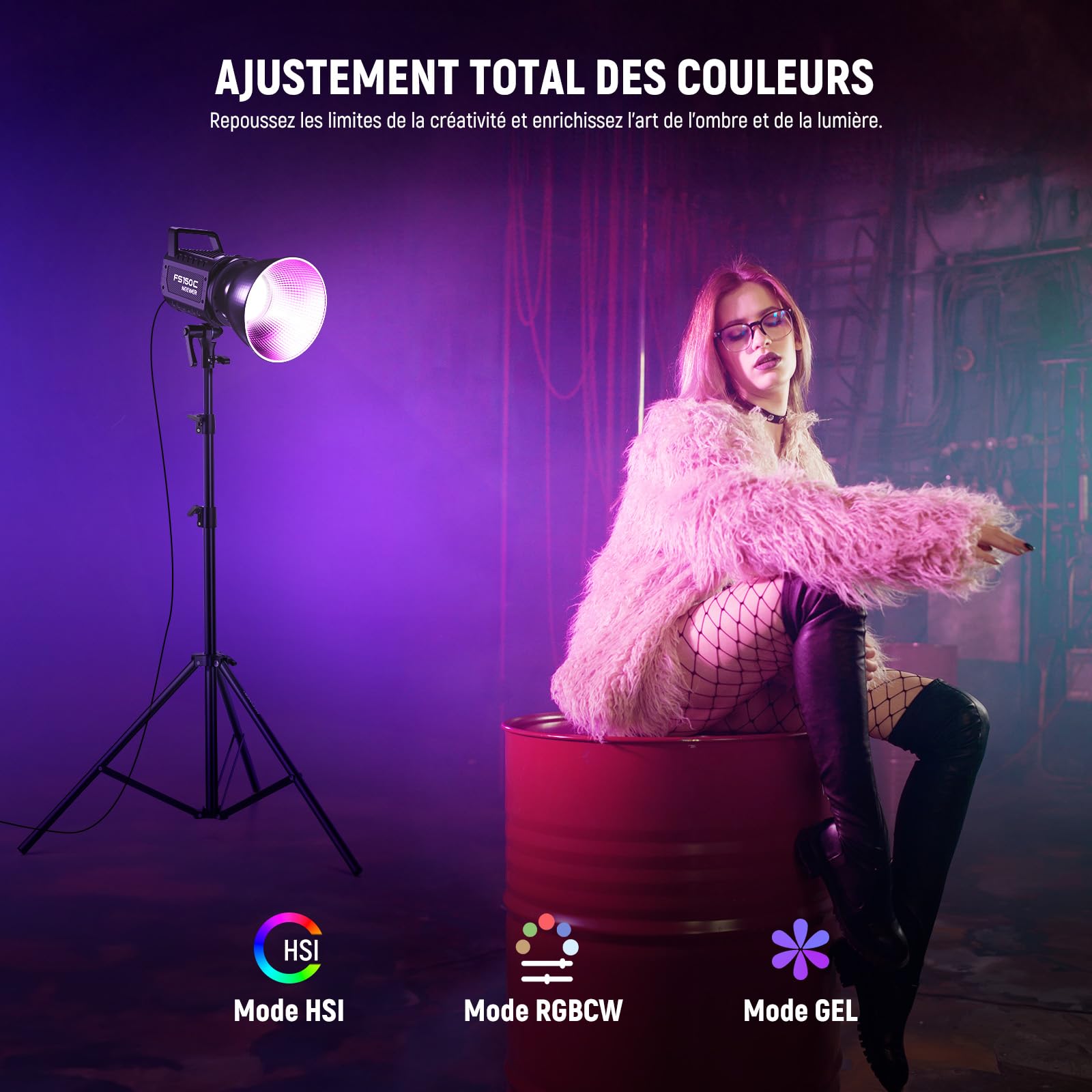 NEEWER 130W RGB LED Vidéo Light APP/2.4G Contrôle, COB Continu Studio Key Lighting,17 Effets 2500-7500K 19800lux CRI97 4 Courbes de Gradation, Bowens Spotlight pour Vidéo Streaming,FS150C
