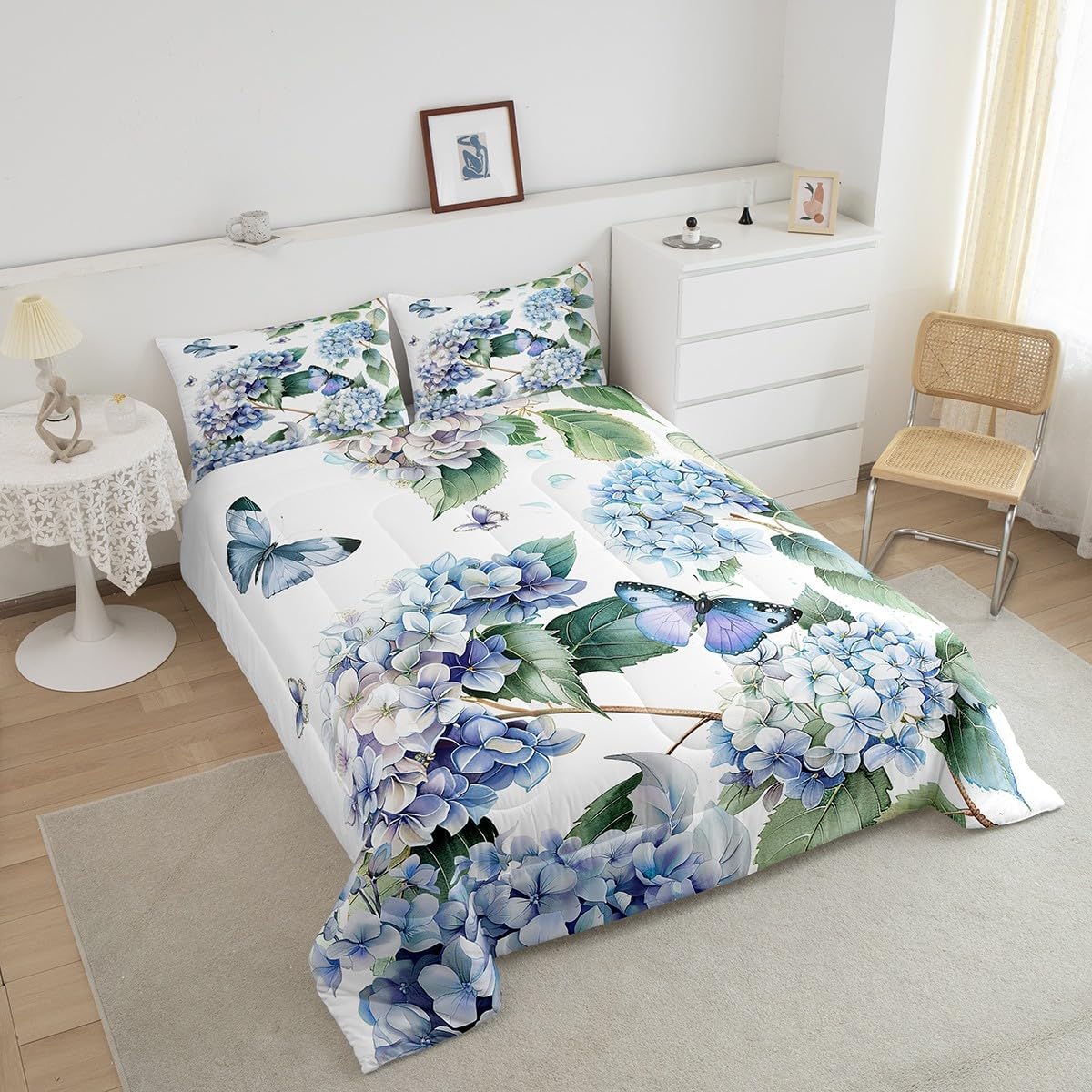 Erosebridal Girls Hydrangea Floral Queen Comforter Set Blue Purple Butterfly Bedding Sets,Vintage Flower Duvet Set Cute Animal Quilted Duvet Spring Botanical Bedroom Decorration,Microfiber 3pcs - Image 3