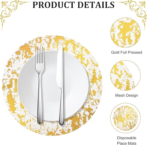 Miniatura 3 de Juego de 20 manteles individuales desechables dorados, redondos, de malla dorada prensada, manteles de malla fina metálica para comedor, boda,