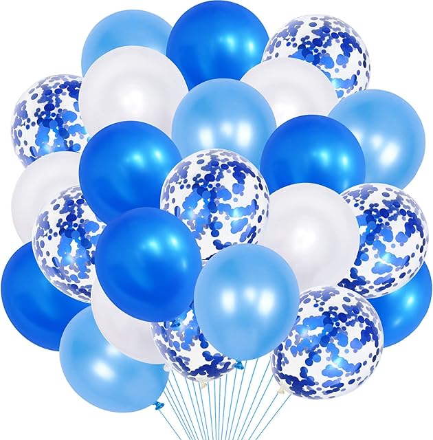 Blue Balloons, 40Pcs 12Inch Blue White Helium Balloons & Latex Blue Confetti Balloons for Birthday Party Wedding Baby Shower Engagement Graduate Anniversary Party Decoration - with Ribbons Glue Dots