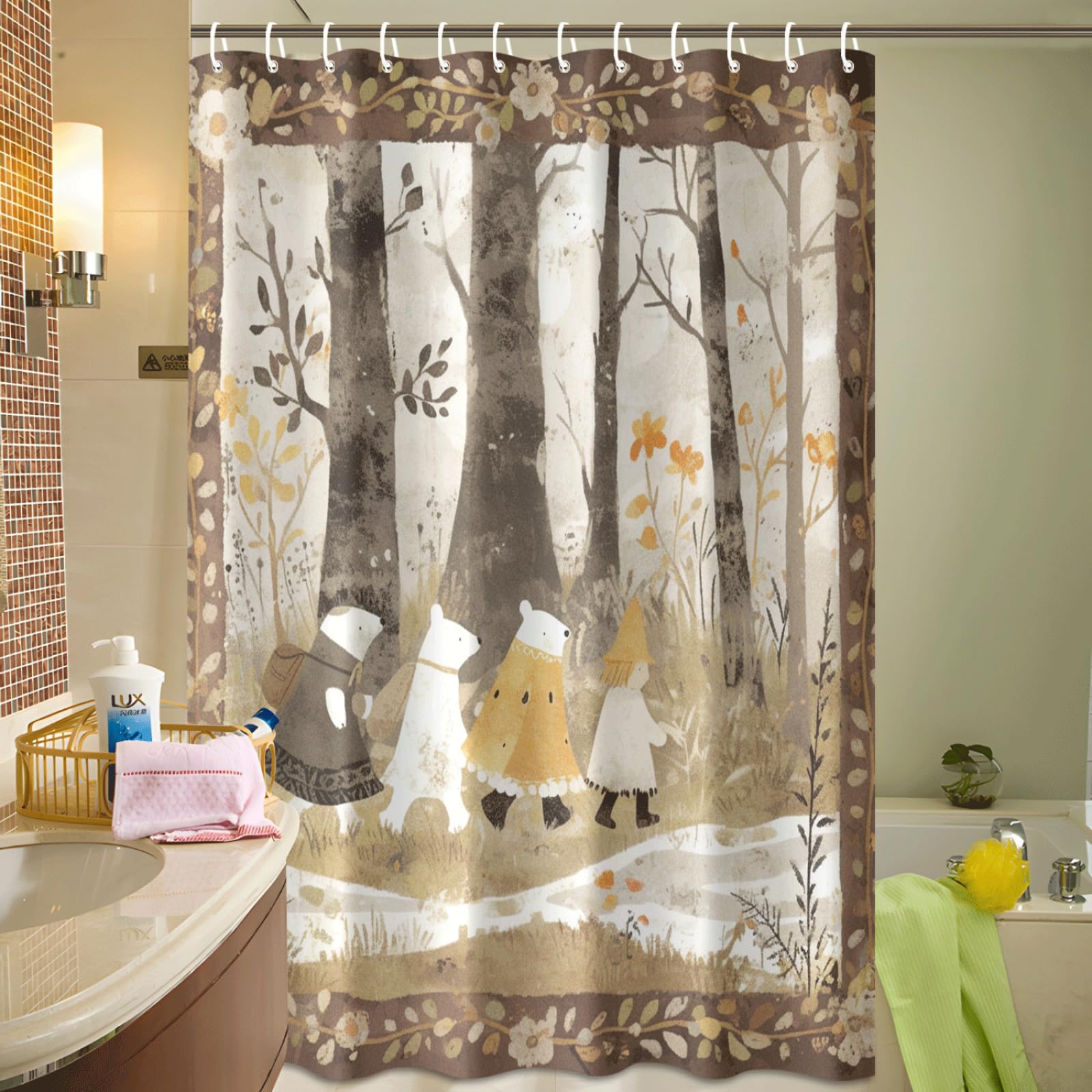 Tenda Doccia Albero Giallo Grigio Tenda Doccia Antimuffa Impermeabile Poliestere Lavabile con 12 Ganci Tende Finestra Bagno per Dormitorio Famiglia Hotel Decorazione(180x220cm)