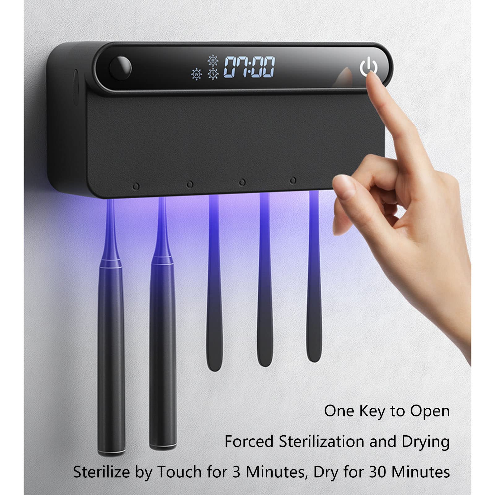 Esterilizador para cepillo de dientes con 5 soportes para cepillos de dientes y visualización de tiempo, recargable por USB, estuche desinfectante portátil montado en la pared para viajes y uso