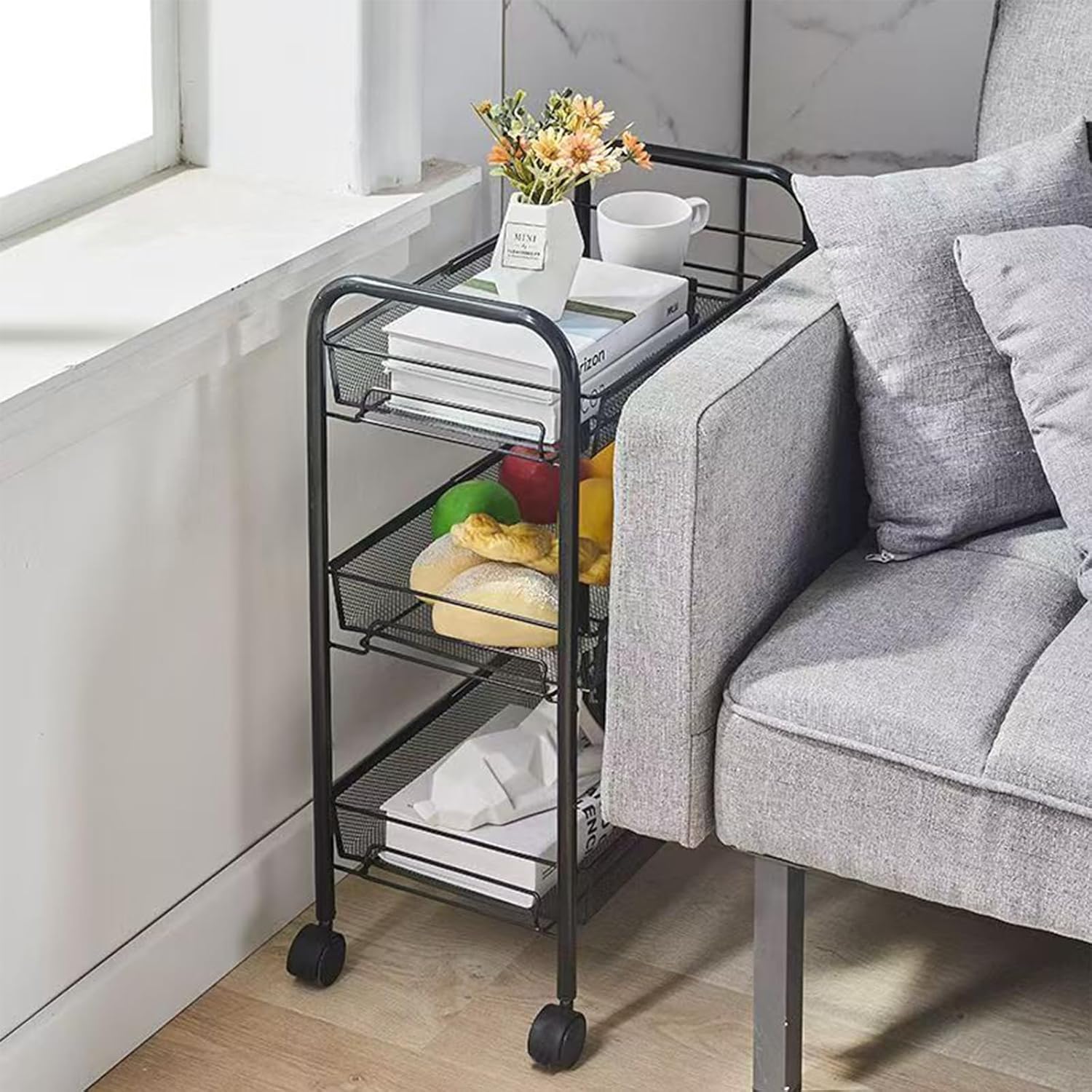 3 Tier Metal Rolling Cart, Bathroom Organizer Wire with Wheels, Easy Assemble Utility Carts with 4 Hooks, Storage Shelves for Kitchen Laundry Room, Black
