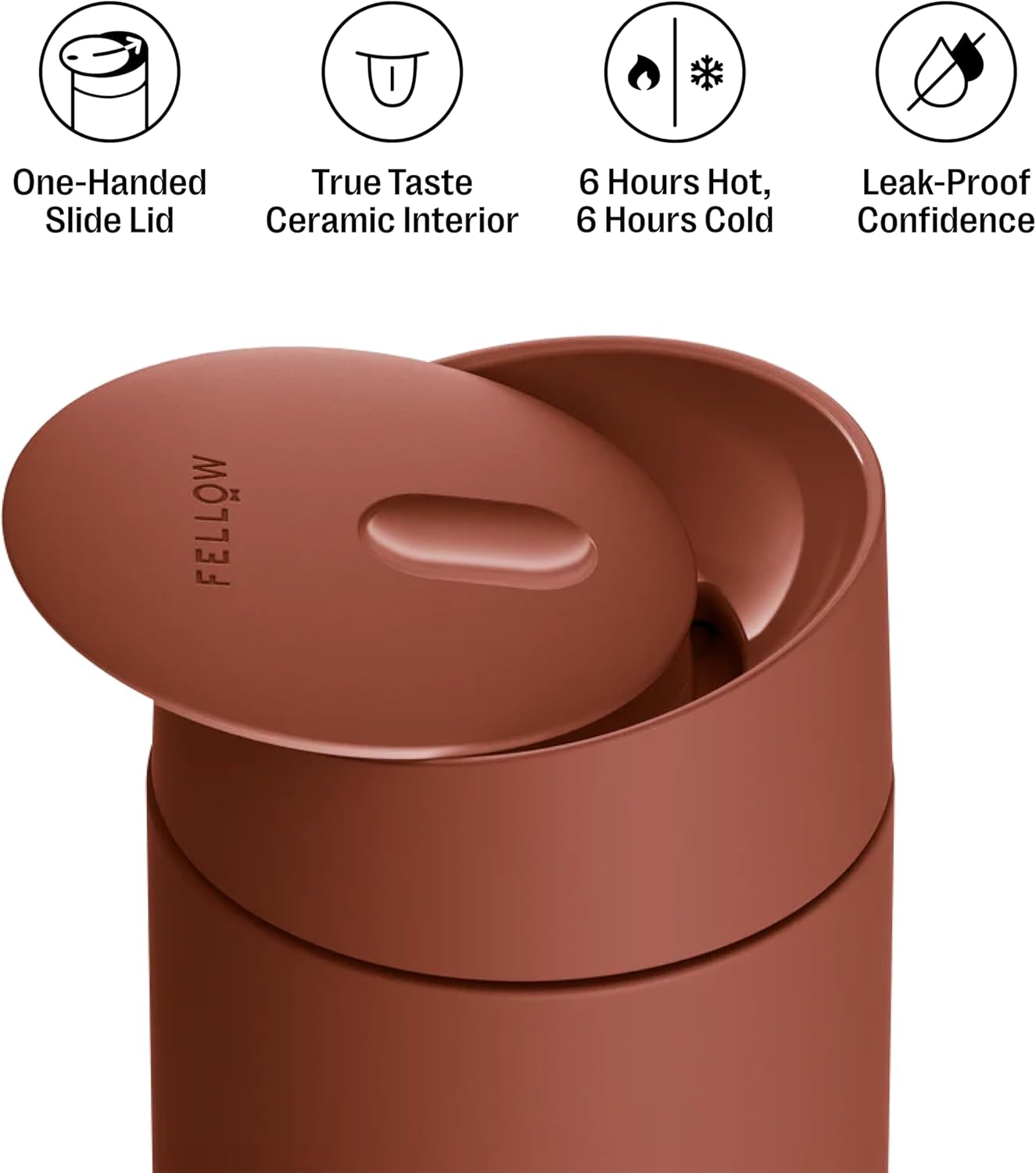 Fellow 16 oz Carter Slide Travel Mug – One-Handed Slide Lid, Vacuum Insulated Stainless Steel Tumbler with Ceramic Interior for Hot and Cold Drinks, Leak-Proof and Dishwasher Safe, Sienna