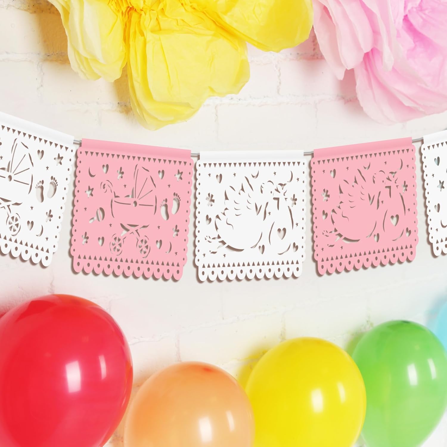 Epakh 5 Pack 60 Feet Papel Picado Baby Shower Party Banners Cielito Lindo Baby Shower Hanging Decorations Fiesta Papel Picado Paper Garland with Rocking Horse Babies Bottle Heart Design (Pink/White)