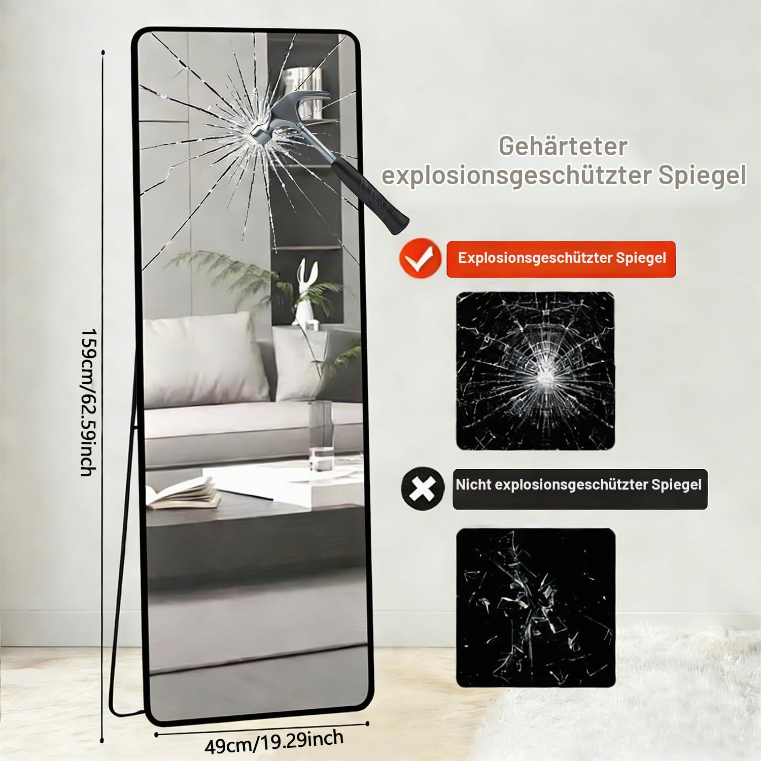devesanter Ganzkörperspiegel 49×159 cm mit schwarzem Metallrahmen | Großer Bodenspiegel vielseitig nutzbar zum Aufstellen,Anlehnen oder Aufhängen für Schlafzimmer,Wohnzimmer und Ankleide