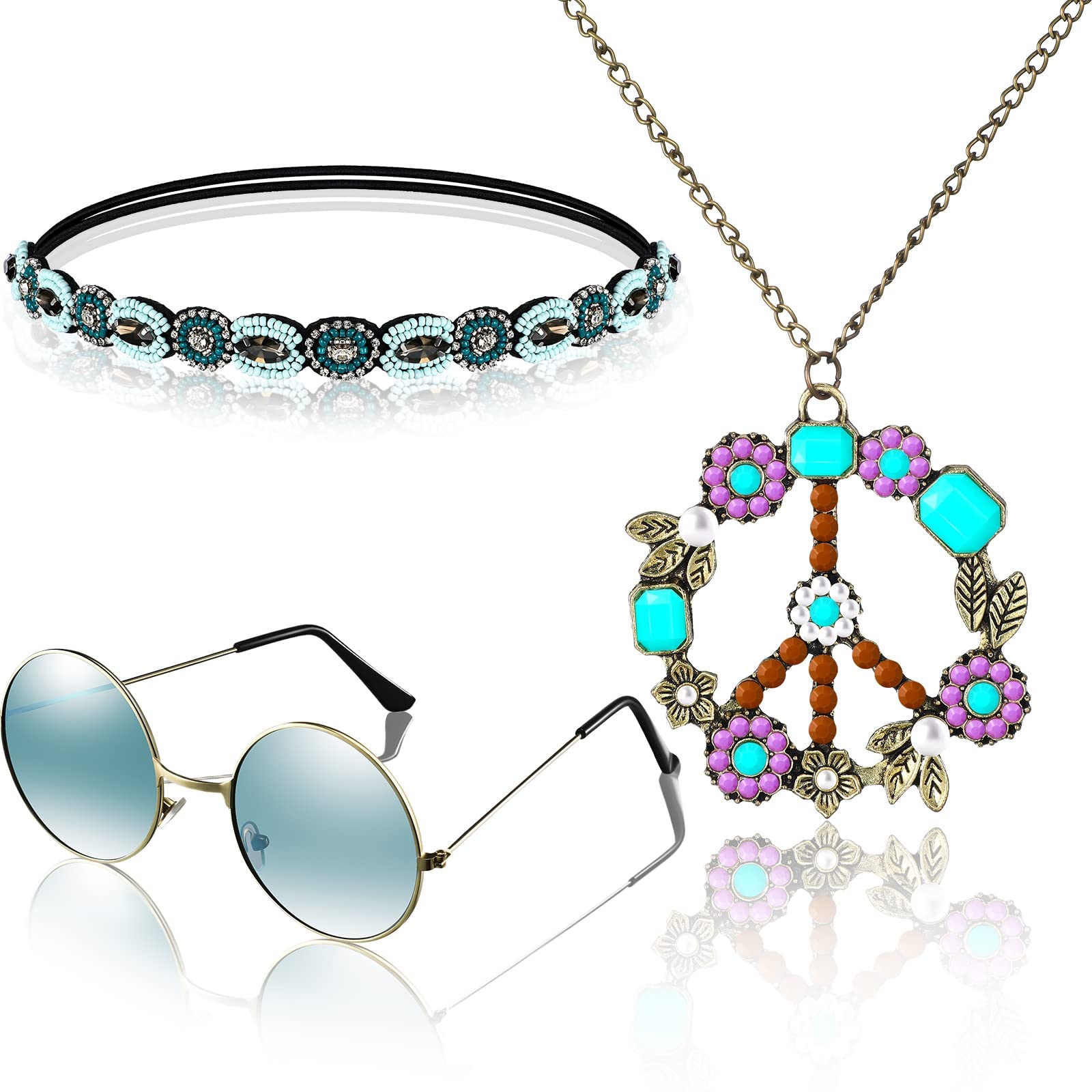 KASTWAVE Hippie Costume Set Include Peace Sign Necklace Headband Hair Wreath Sunglasses 60s 70s Dressing for Women