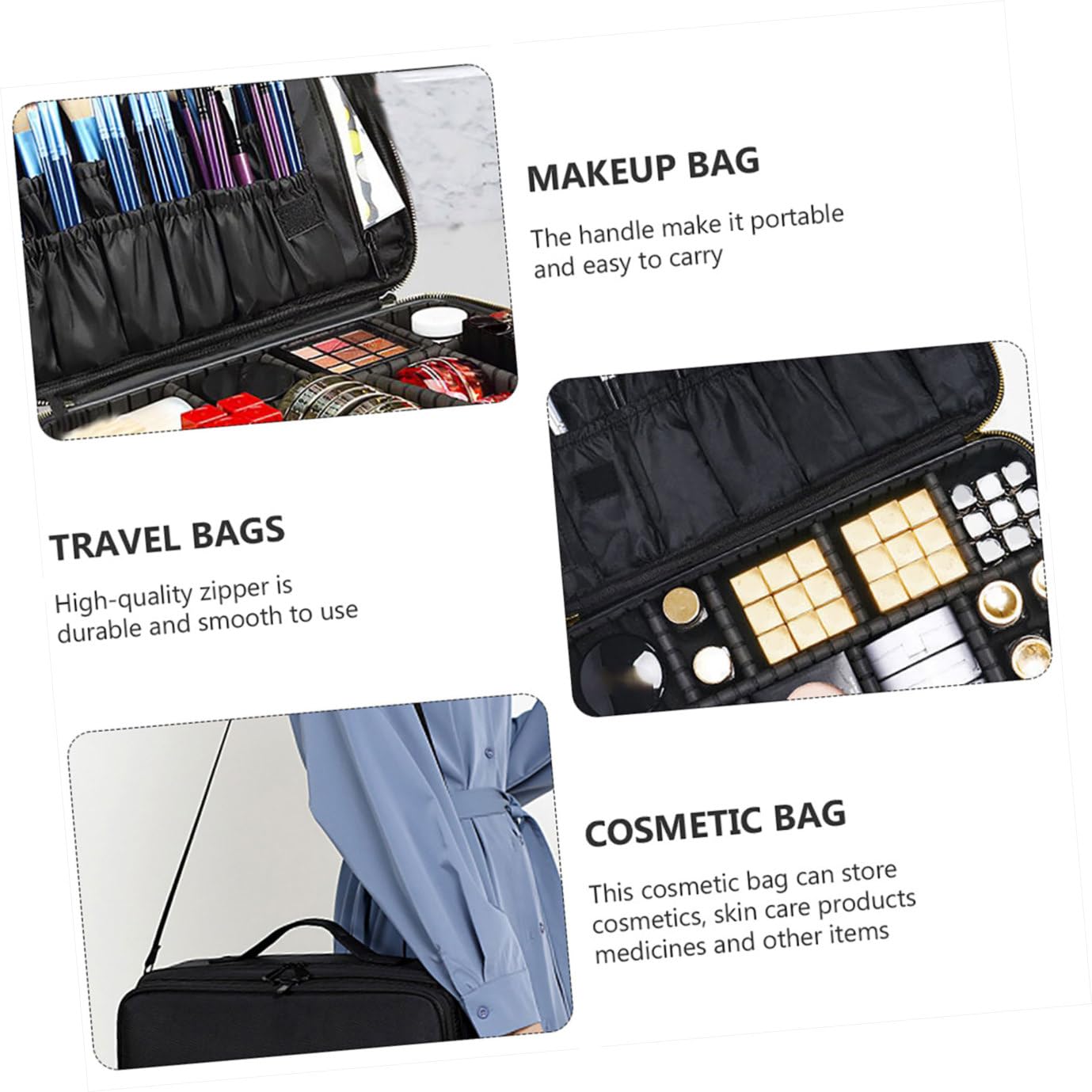 Borsa Trucchi Make Up Nera in Oxford Manico e Scomparti | Portatile da Viaggio, Design a Griglia, Struttura per Riporre Cosmetici in Modo Ordinato