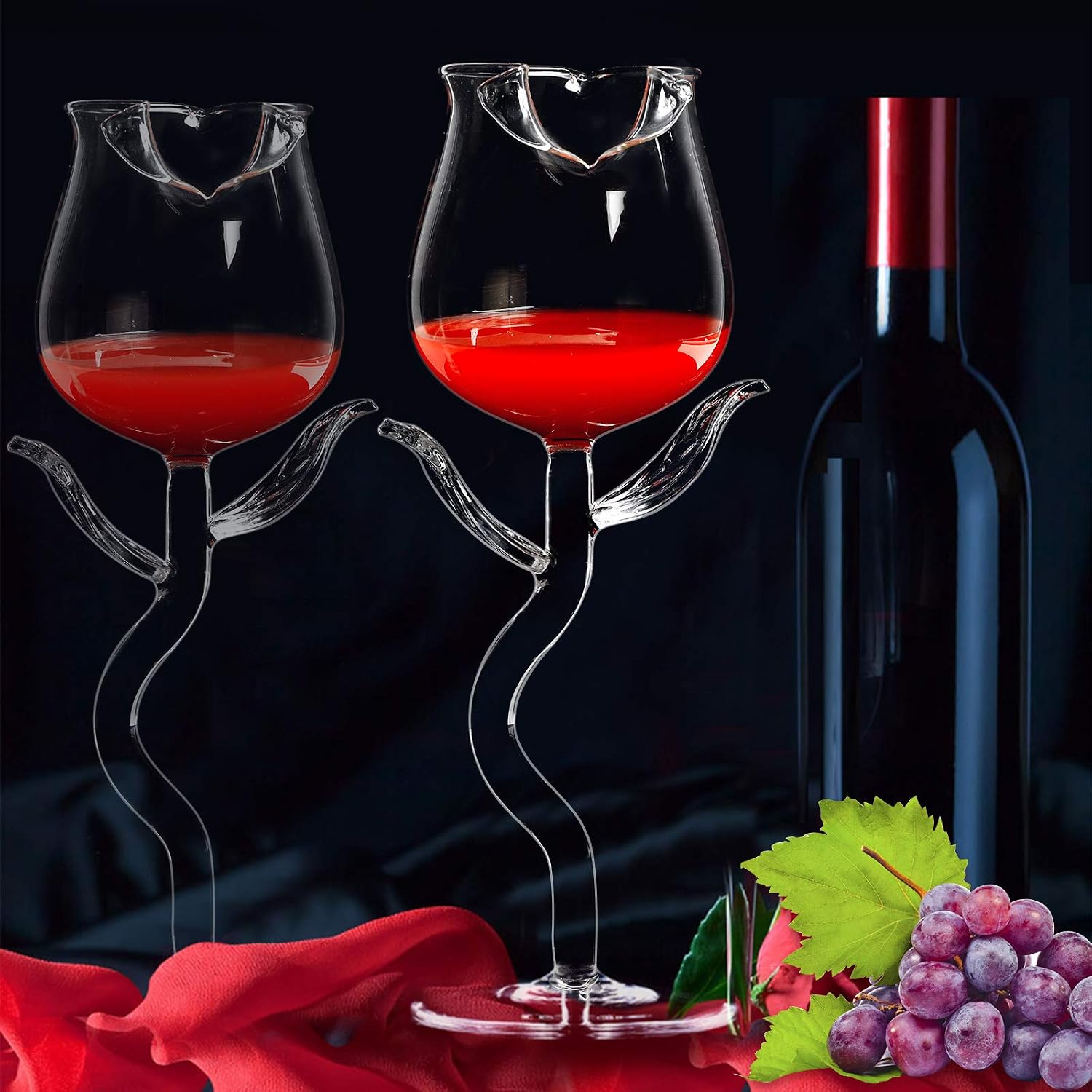 Rose Cocktail Glass Wine Goblet Glasses Flower Drinkware Set of 2, Crystal Champagne Flutes Classy Red Wine Glass, Ideal Gifts for Housewarming, Wedding, Birthday Celebrations