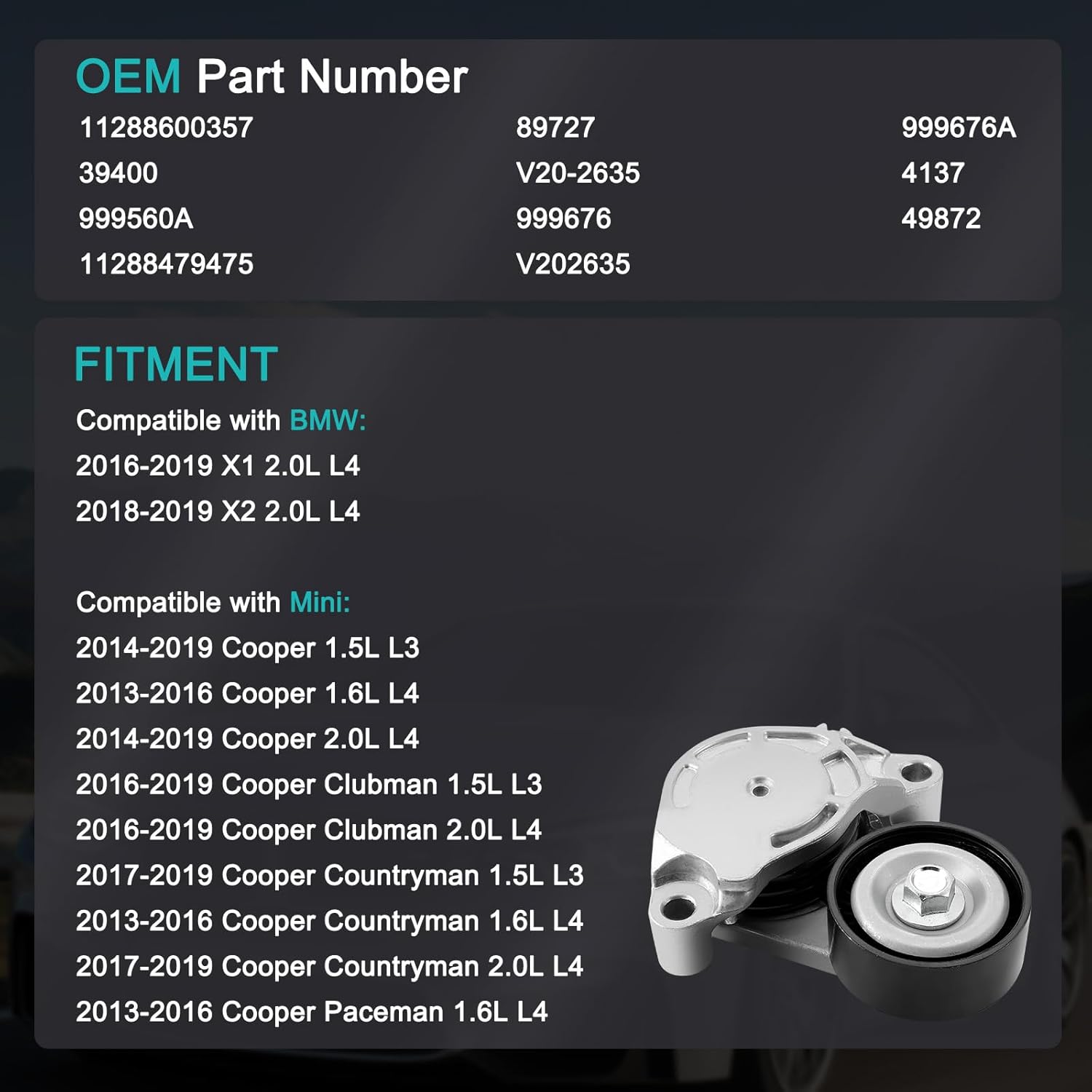 AULINK 11288600357 Belt Tensioner Assembly with Pulley For BMW X1 2016-2019,X2 2018-2019,For Mini Cooper 2013-2019,Cooper Countryman 2013-2019,Cooper Clubman 2016-2019,Cooper Paceman 2013-2016 39400