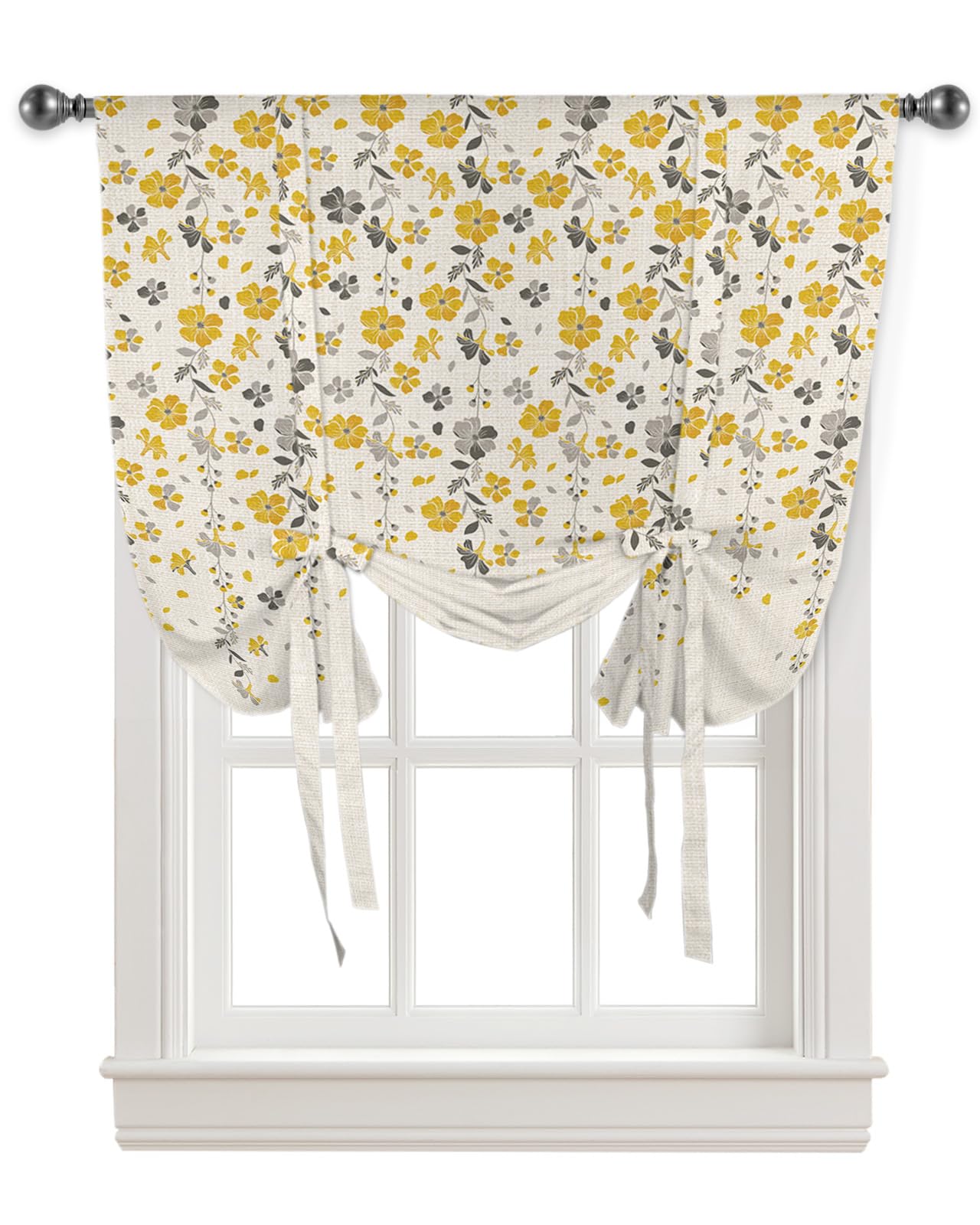 Tie Up Curtains Window Shades,Flower Yellow Grey Cherry Blossoms Cotton Linen Background Rod Pocket Tie Up Window Shade,Adjustable Balloon Curtain Shade for Blinds Kitchen Bathroom,1 Panel,52