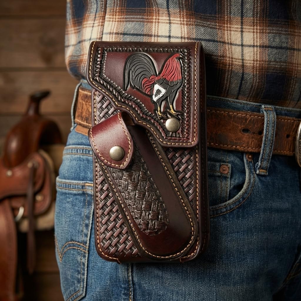 Western Phone Holster with Knife Pouch, Engraved Rooster Basketweave Belt Clip Case for Men (Coffee)