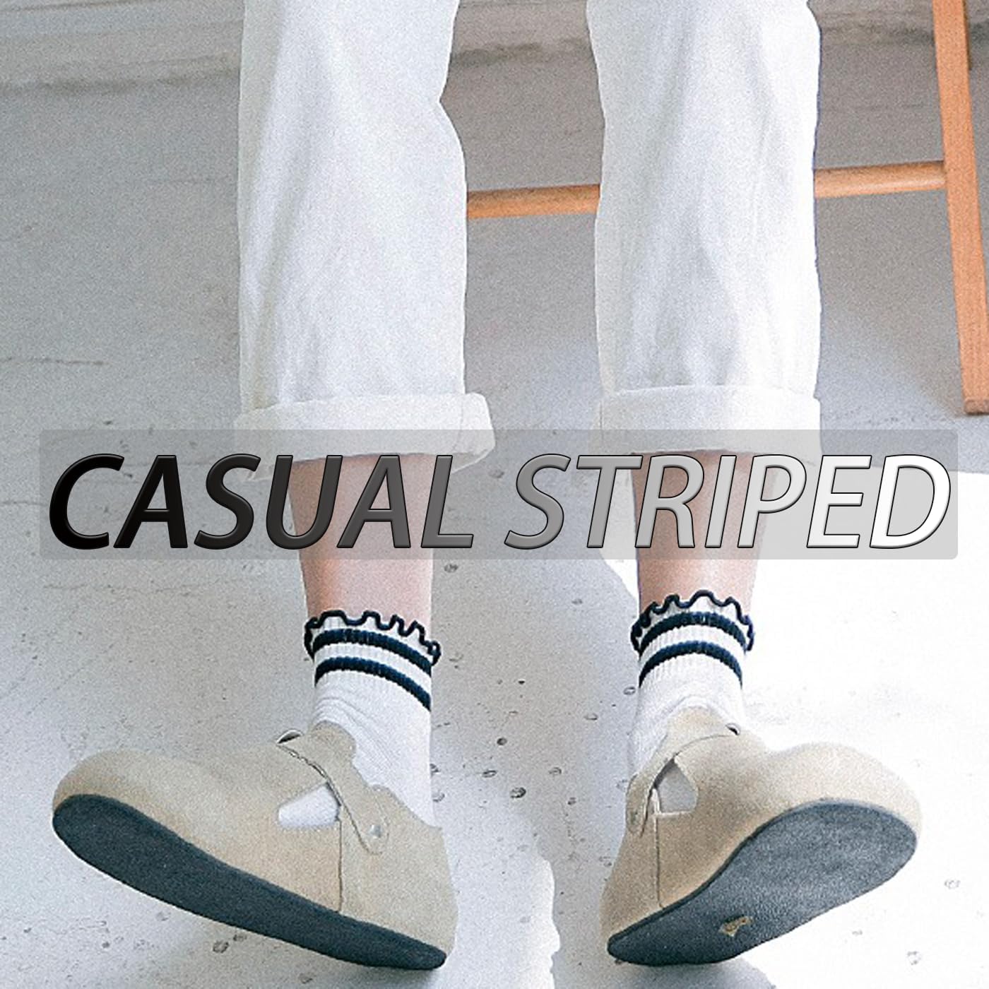 CHUNFO Womens Striped Ruffle Ribbed Crew Frilly Socks Cute Dot Athlete Ankle Cotton Casual Sock Size5-9 - Image 7