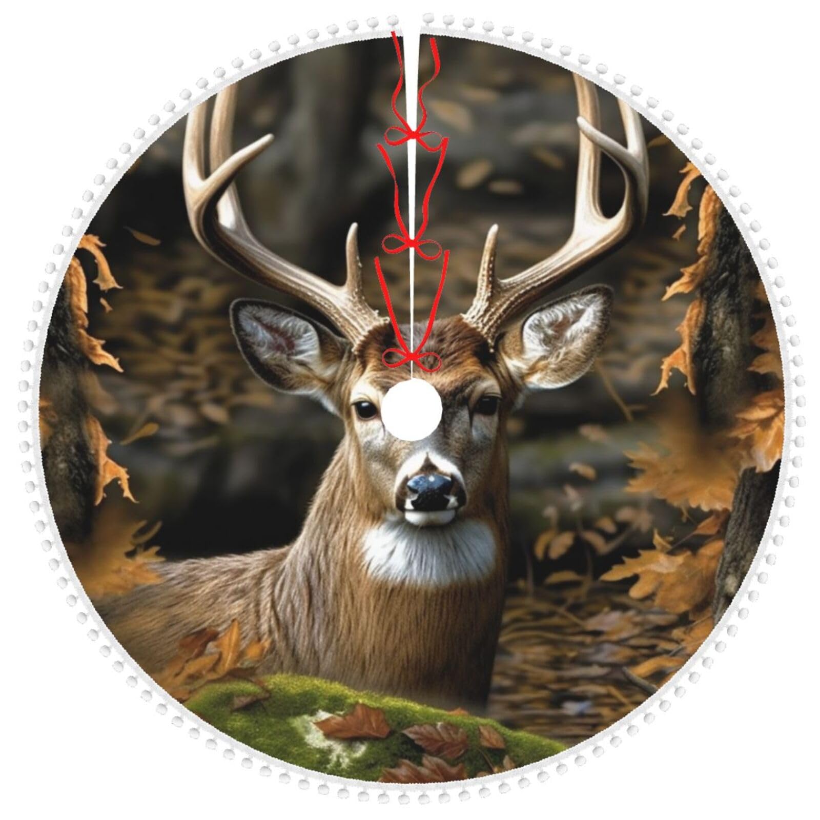 Tapis de sapin de Noël en peluche douce motif cerf et pompons 122 cm