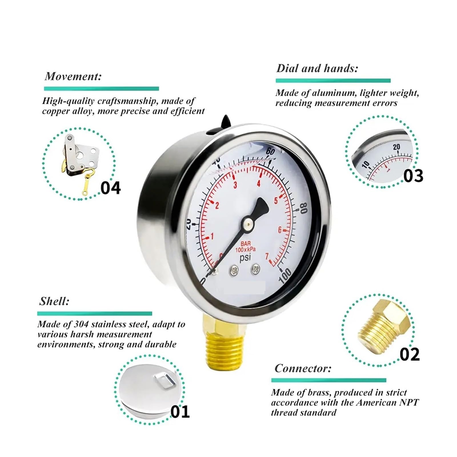 Manómetro, Manómetro 0-100Psi 1/4"NPT Manómetro de presión de agua para gas aire hidráulico con aceite | G1-4,0-200psi