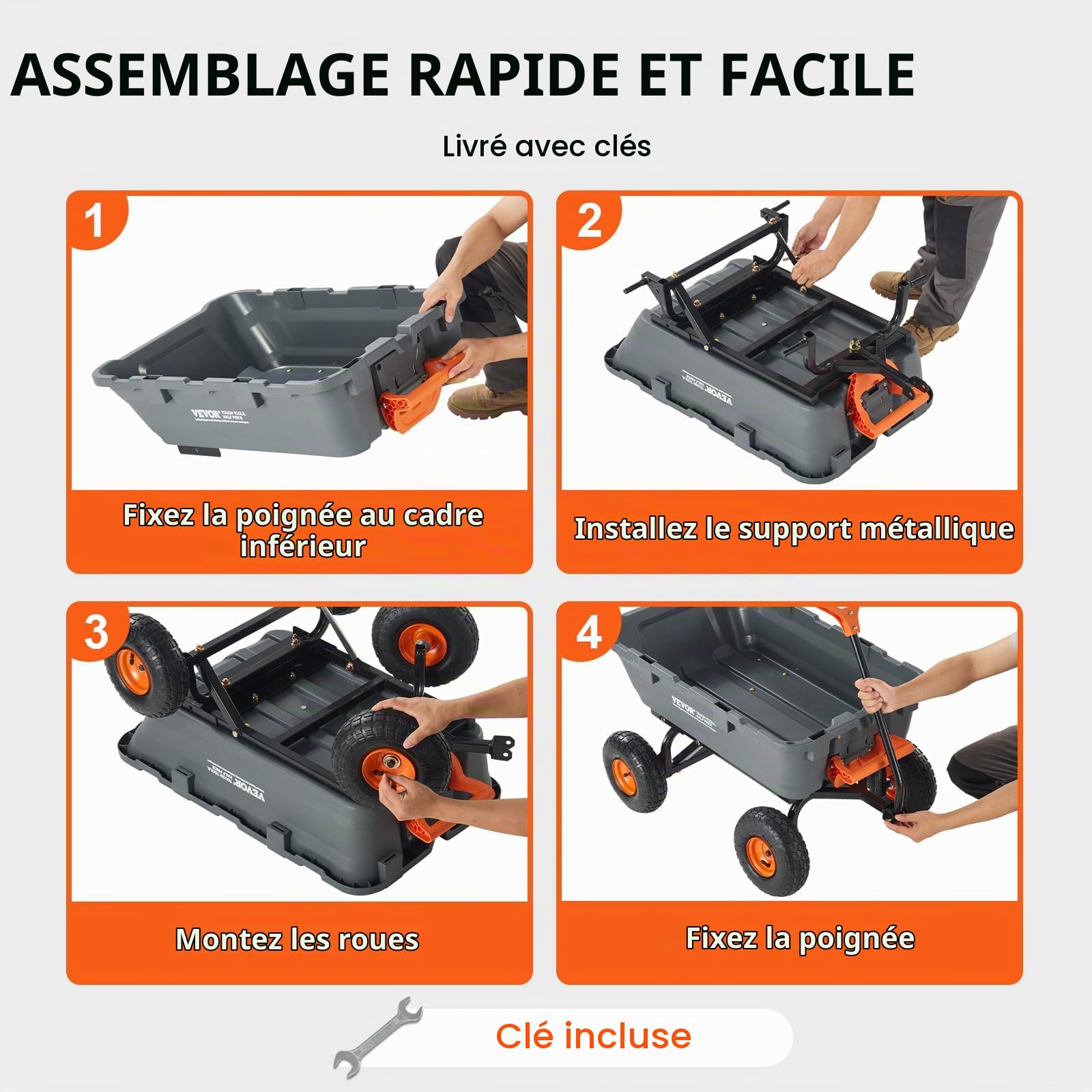 VEVOR Chariot à Benne basculante, capacité de Charge 363 kg​, Chariot de Jardin en polyéthylène Robuste avec Cadre en Acier, poignée Convertible 2 en 1, Roues 255 mm, brouette Utilitaire pour pelouse