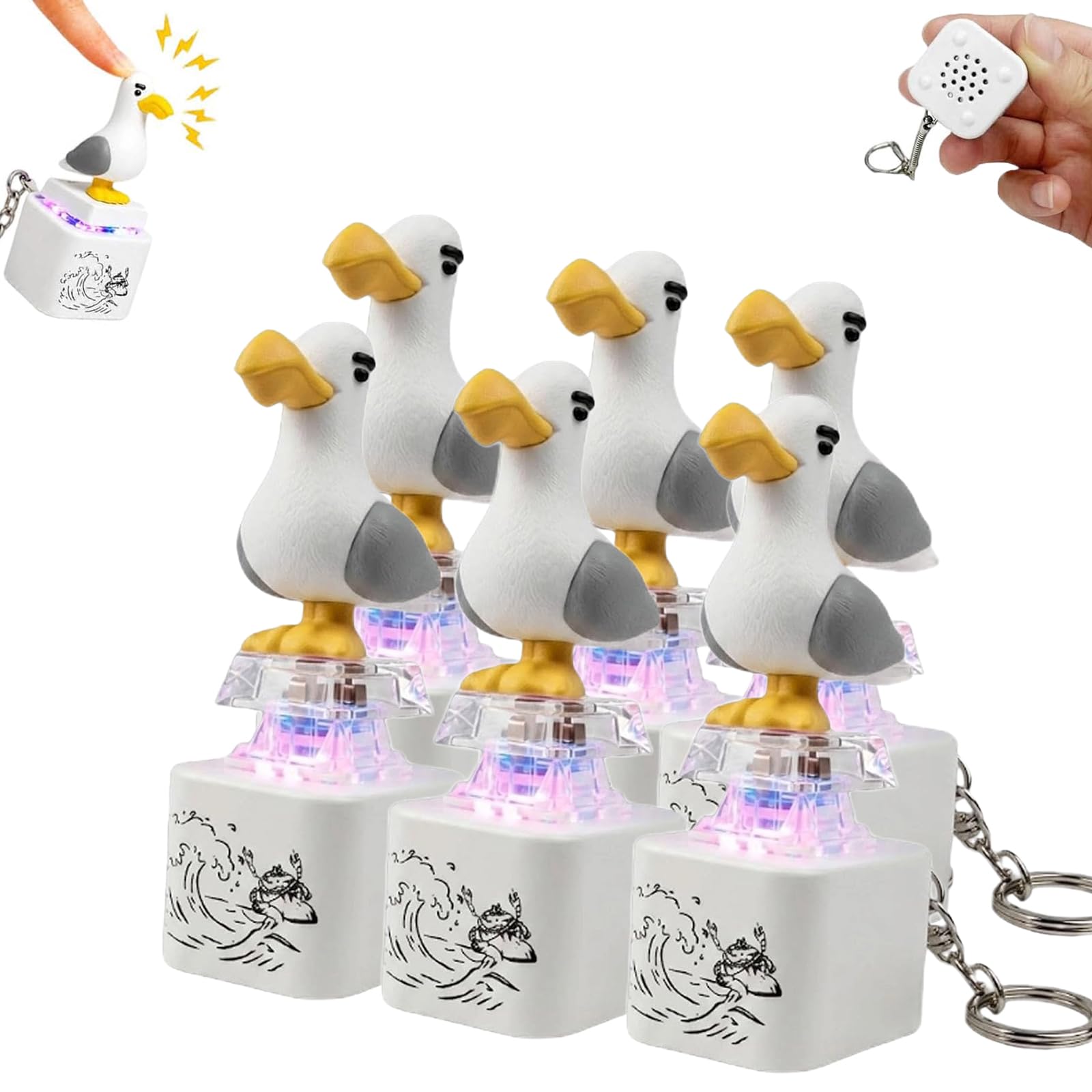 Seagull Mine Sound Button Keychain, Rechargeable Portable Gadget With Quacking Sound & LED Light, Funny Interactive Desk Decor Novelty Gift For Friends & Family (6pcs)