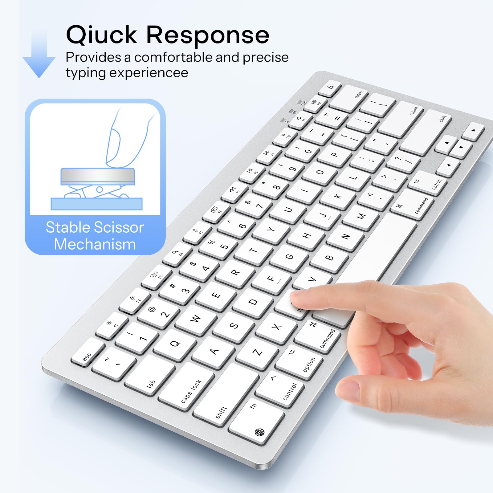 OMOTON Rechargeable Keyboard for Mac, mini Compact Wireless (No Numeric Pad), Stable Bluetooth Connection, Ergonomic Design, Keyboard Compatible with MacBook/iMac/Mac mini - Silverwhite — view 8
