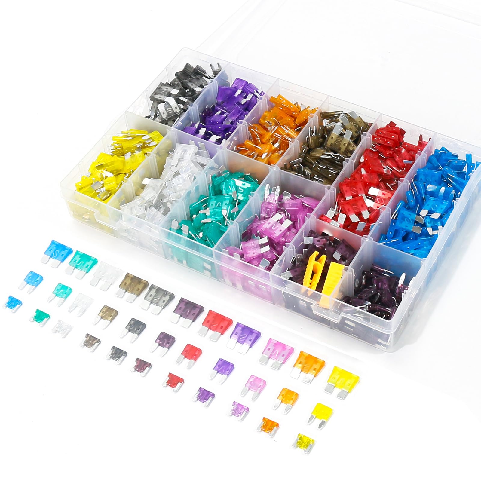 Kit assortito di 900 fusibili per auto, 440 mini fusibili a lama + 300 fusibili standard per autoveicoli + 160 micro + estrattore, essenziali per camper, camion, moto, yacht (2A, 3A, 5A, 7,5A, 10A