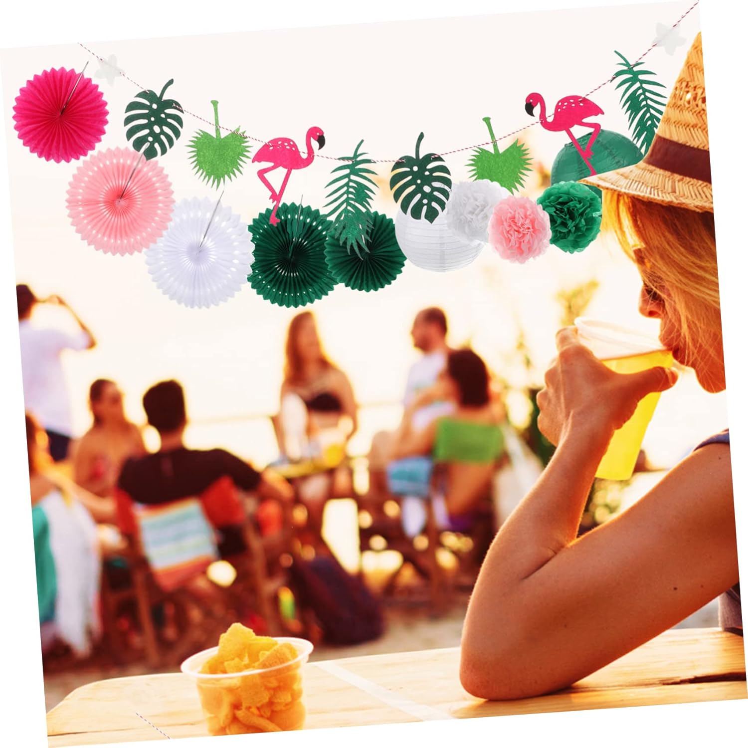 Zerodeko 5 Sets Tropical Hawaiian Party Decorations Set of Banners Flags Paper Fans for Luau Beach BBQ Celebration