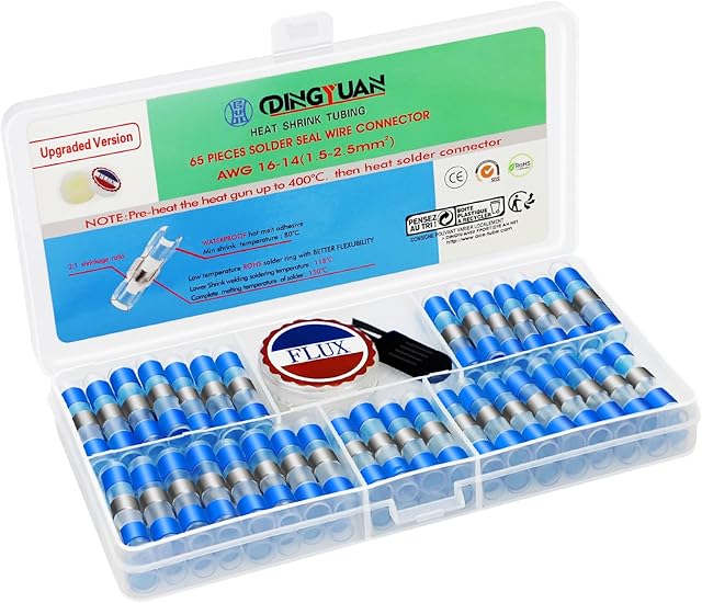 DINGYUAN 65PCS Solde Seal Wire Connectors,Blue Heat Shrink Butt Connectors Waterproof Splice Connectors AWG16-14 electrical connectors Jiont