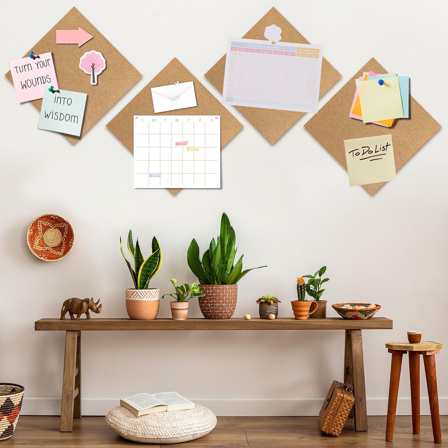 Cork Board 6 Pack 12"x12" - 1/2" Bulletin Boards Self Adhesive Corkboards for Wall School Home Office with 100 Push Pins
