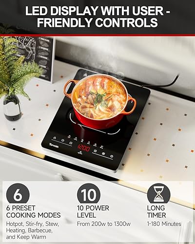 Miniatura 2 de Estufa eléctrica portátil, estufa eléctrica de un solo quemador de 110 V, placa caliente de quemador de encimera con 6 funciones preestablecidas, 10