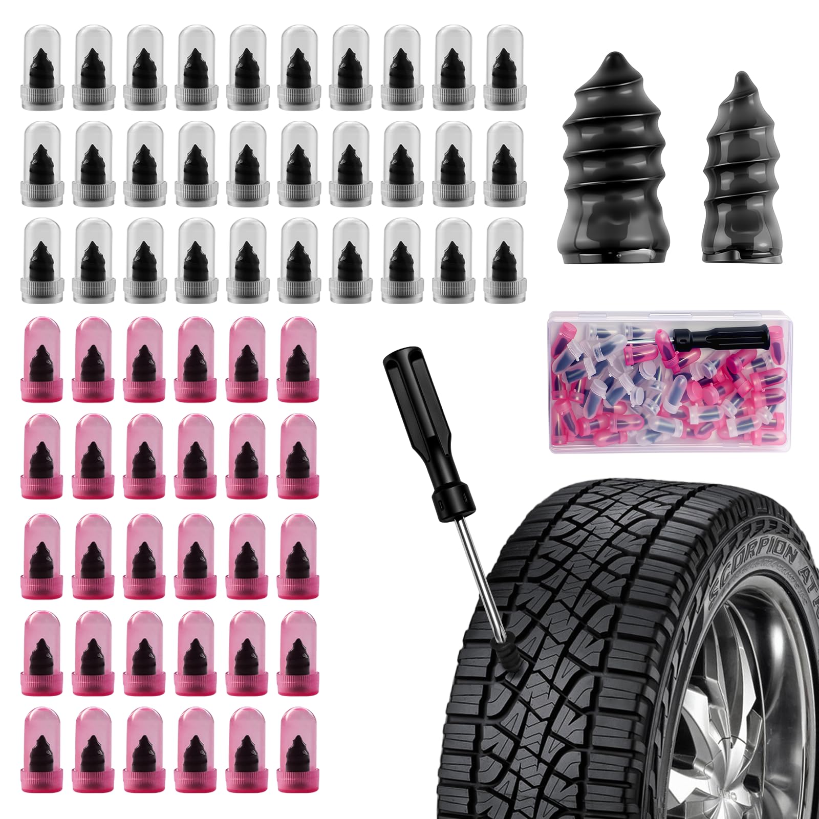 60Pcs Tire Repair Rubber Screw Kit, Dual Size (Small & Large) Rubber Nail Plugs for Car, Motorcycle, Truck, Tractor – Fast Self-Service Tool for Vacuum Tire Puncture Repair, Includes Screwdriver