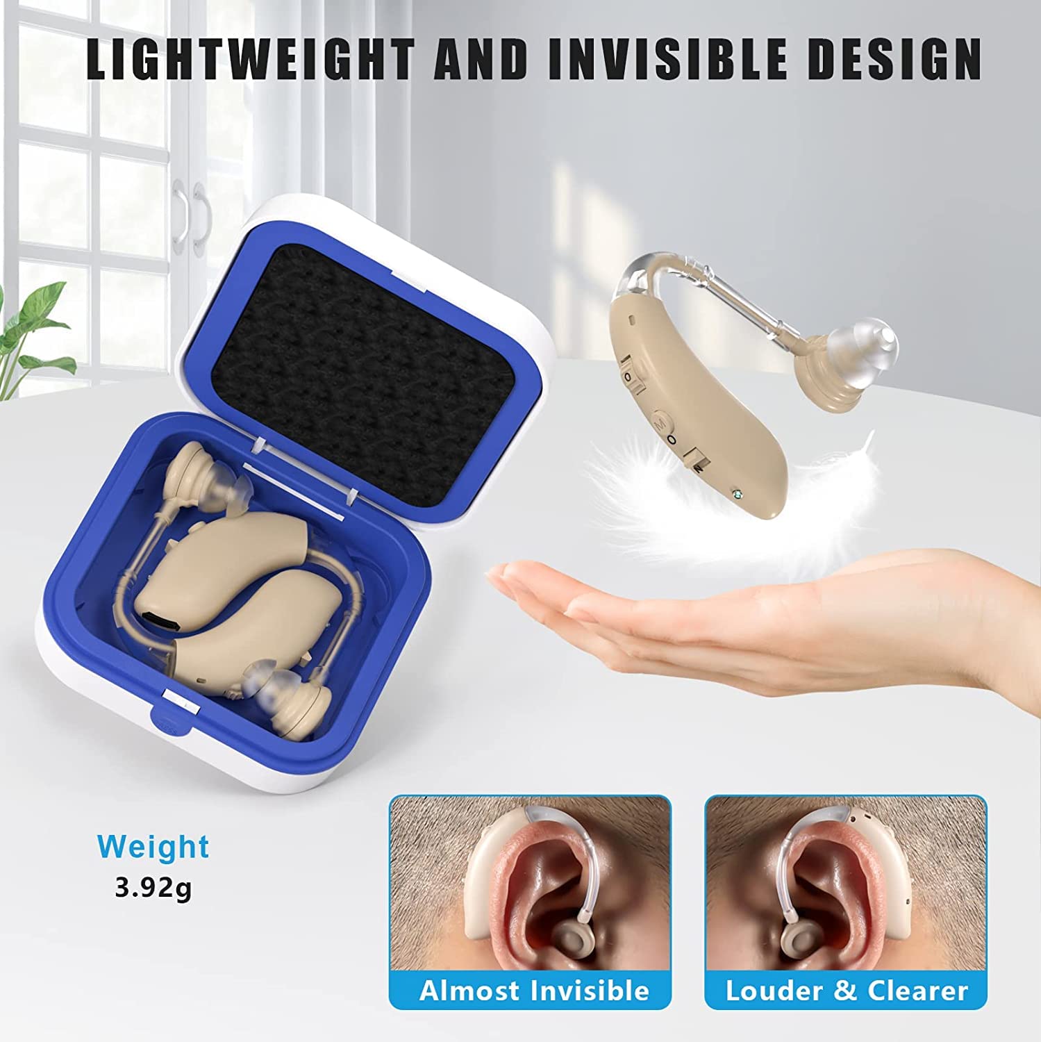 Rechargeable Hearing Aid for Seniors, Noise Reduction ，Volume Control - BTE Adult Digital Hearing Aid for mild to moderate hearing loss. (Single) (brown)