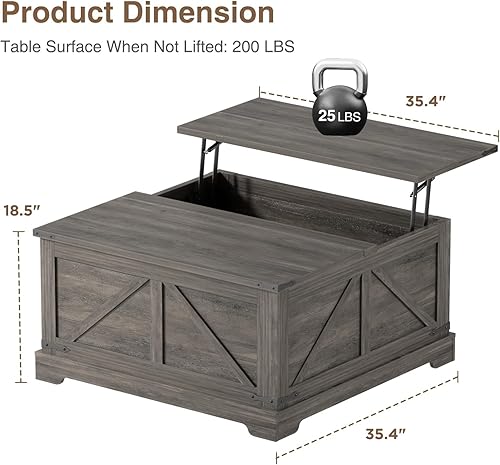 Vista 3 de Vabches - Mesa de centro elevable de 35.4 pulgadas, mesas de café cuadradas estilo granja con almacenamiento para sala de estar, mesa central
