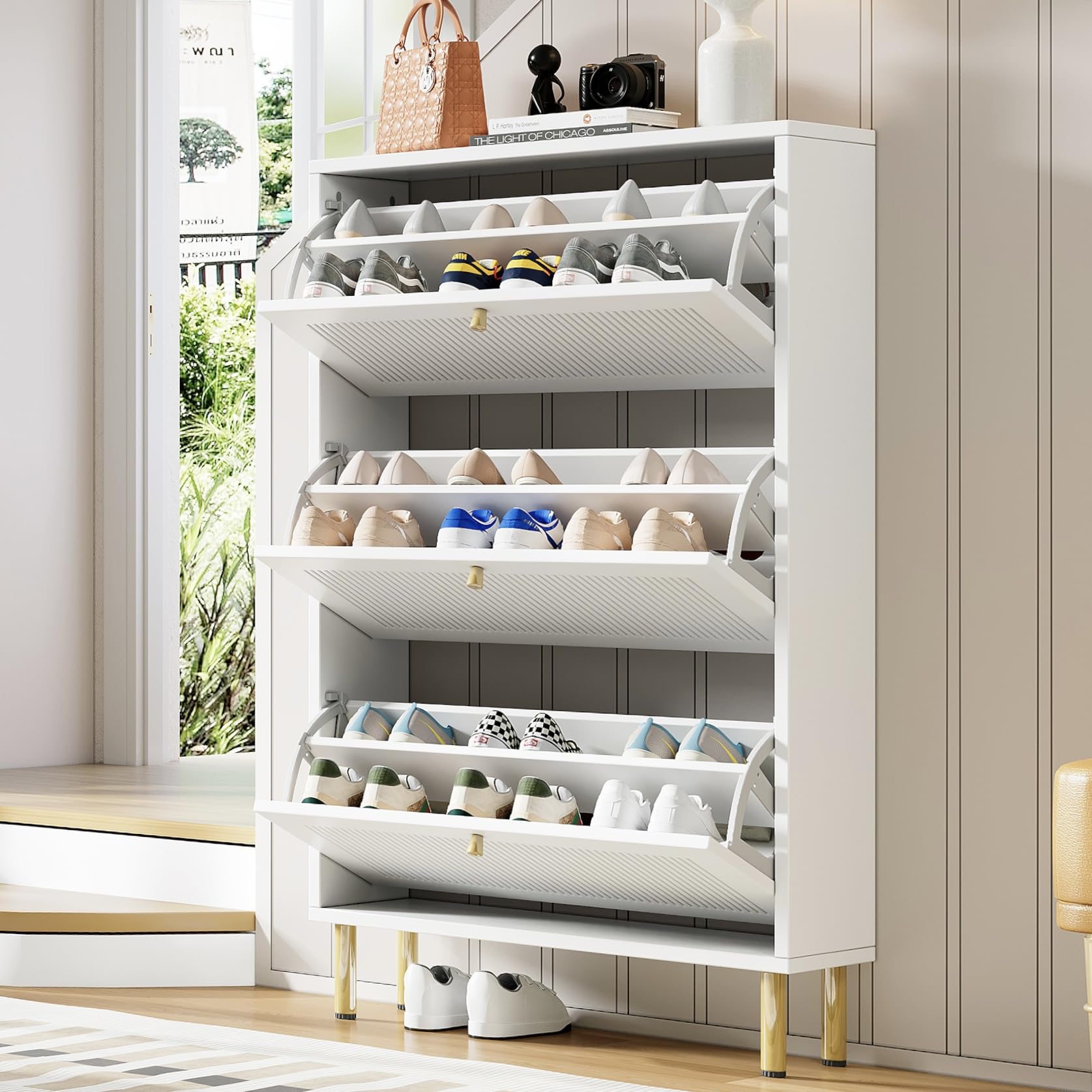 Scarpiera sottile, 73 x 23 x 125 cm, con 3 ante a ribalta, scarpiera con 6 ripiani per ingresso, design contemporaneo, bianco