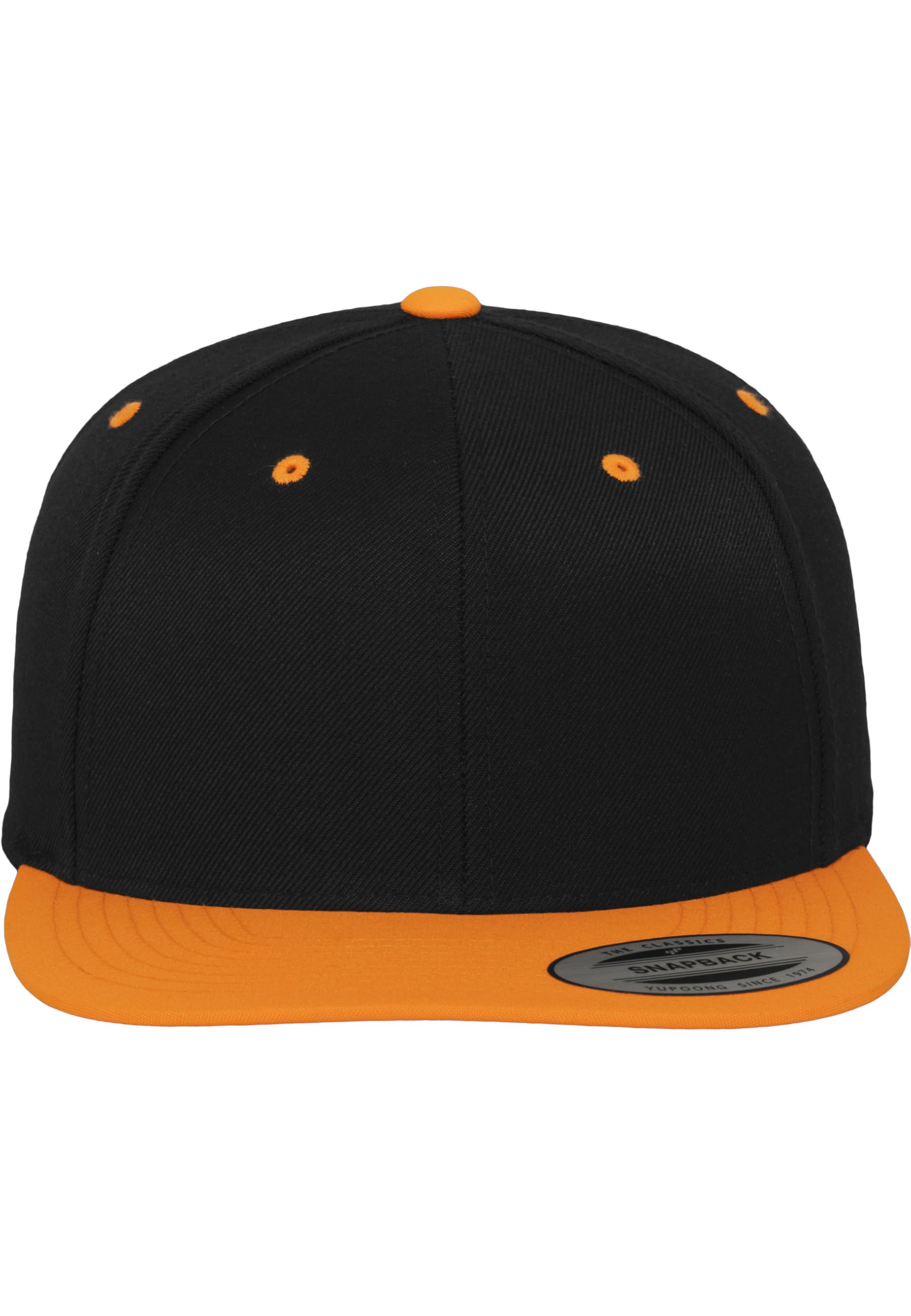 Yupoong Flexfit Unisex Kappe Classic Snapback 2-Tone, zweifarbige blanko Cap mit geradem Schirm, One Size Einheitsgröße für Männer und Frauen, Farbe blk/neonorange