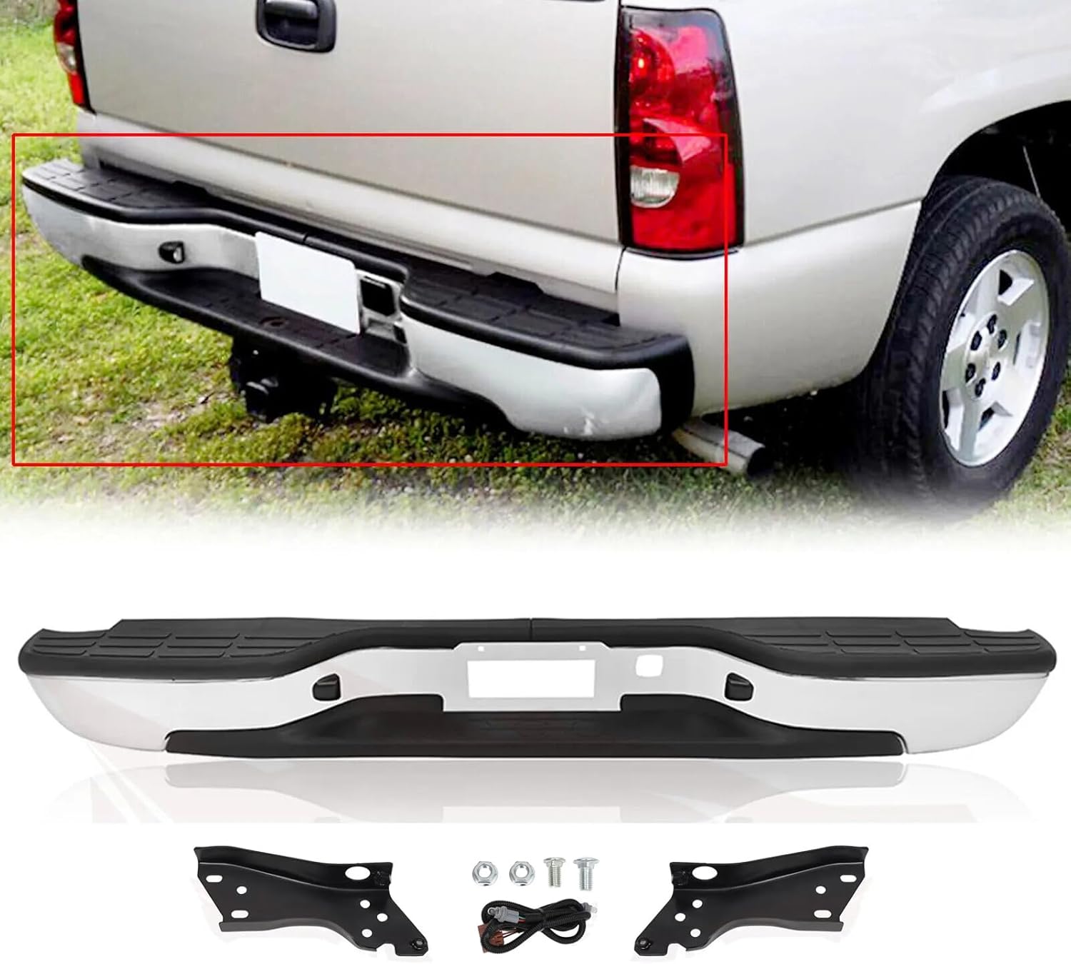 PENSUN Rear Step Bumper Assembly Compatible with 1999-2007 Chevy Chevrolet Silverado GMC Sierra 1500 2500 Classic Face Bar W/License Plate Lights, W/O Parking Sensor Hole, Chrome